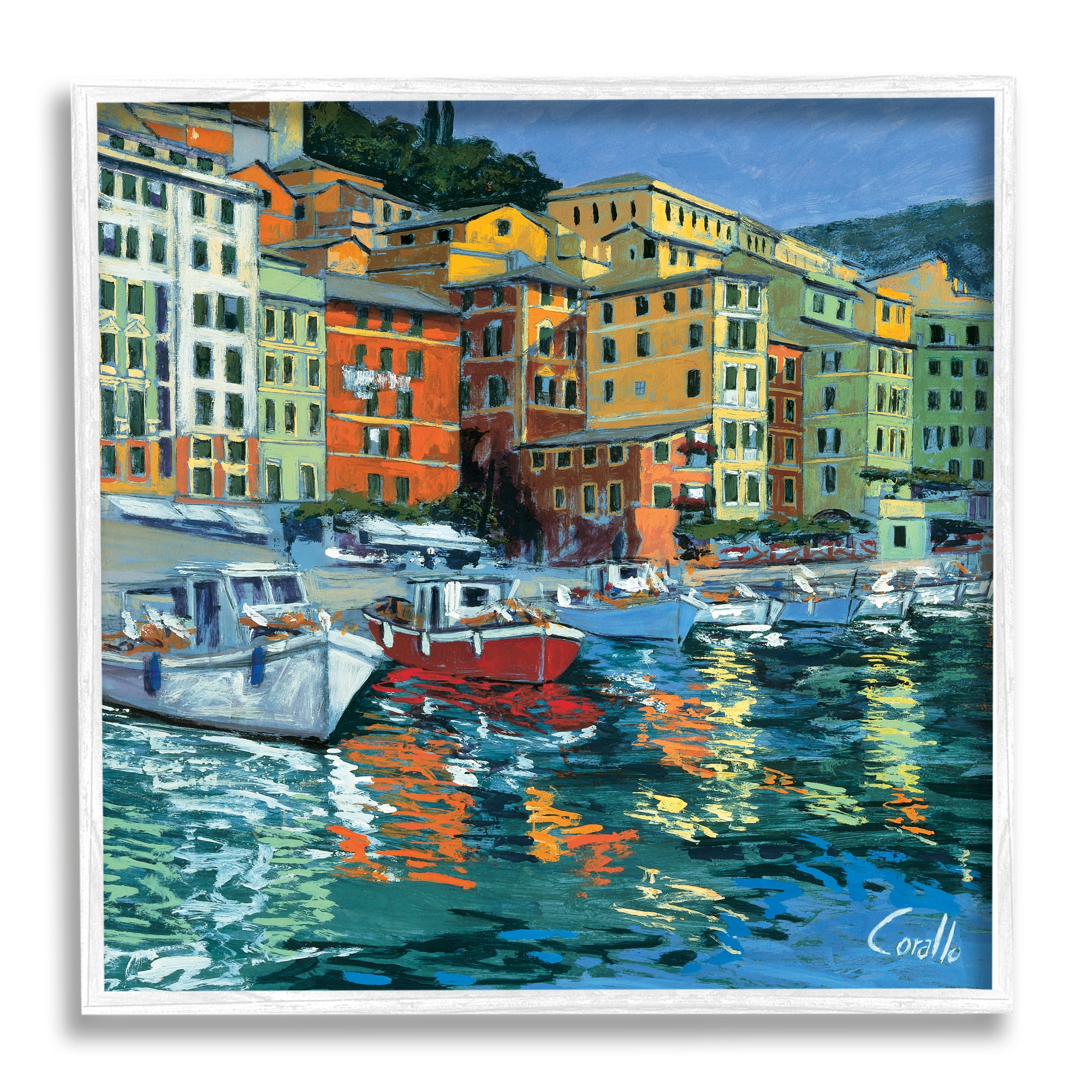 Stupell Industries Boats in Harbor Pier Transportation Painting White Framed Art Print Wall Art, 12 x 12