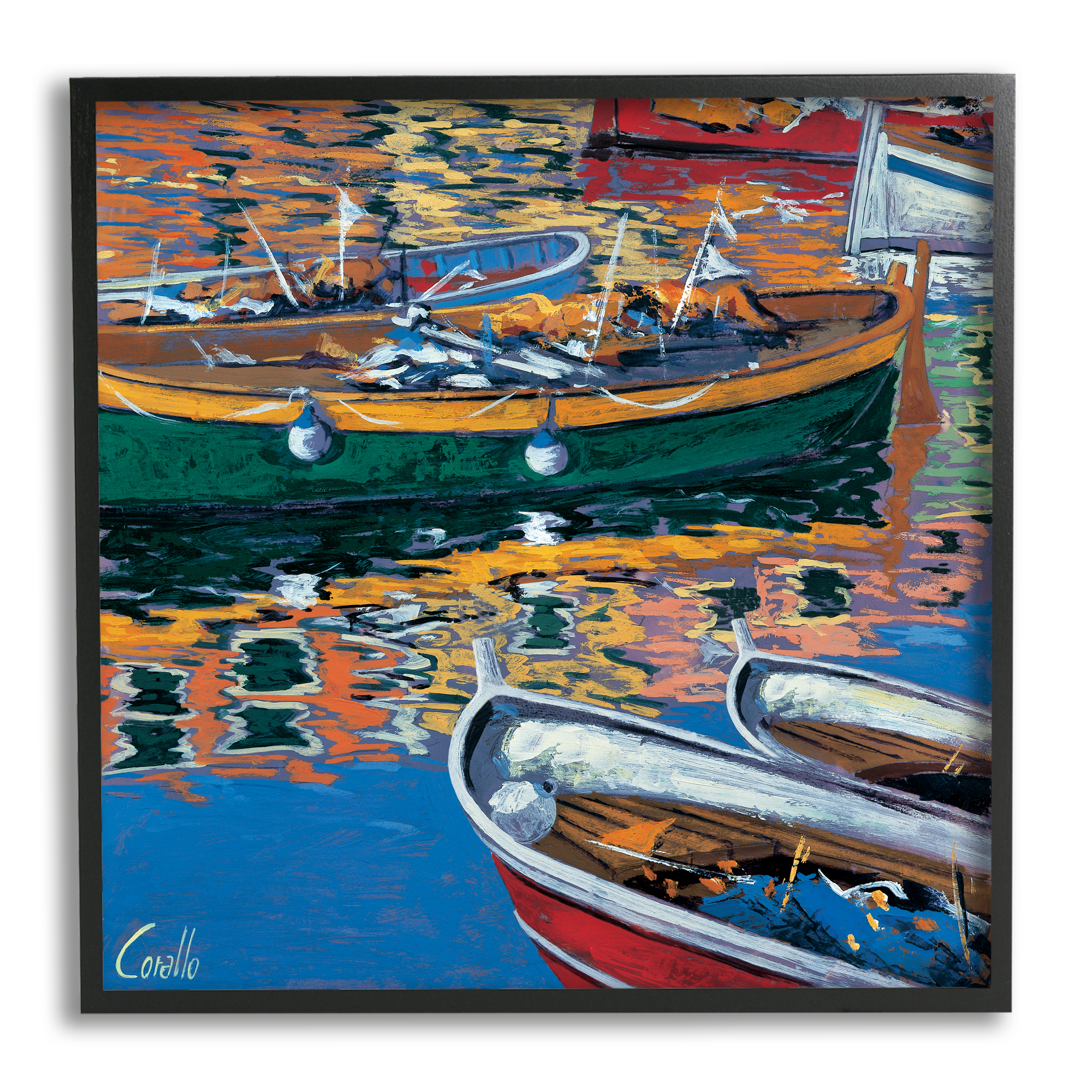 Stupell Industries Boats in Water Reflection Transportation Painting Black Framed Art Print Wall Art, 12 x 12