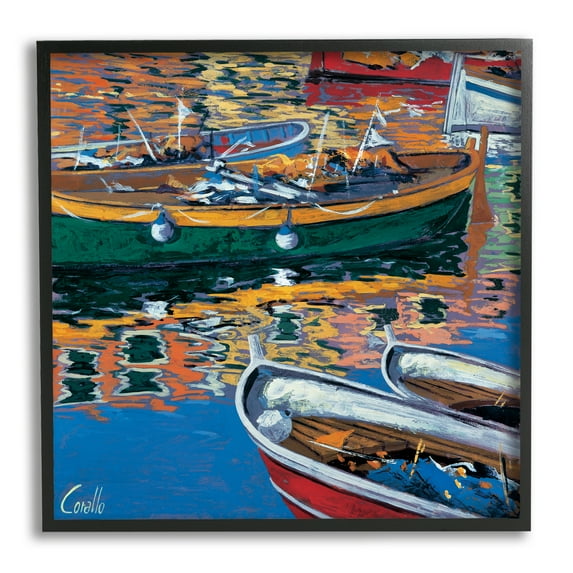Stupell Industries Boats in Water Reflection Transportation Painting Black Framed Art Print Wall Art, 24 x 24