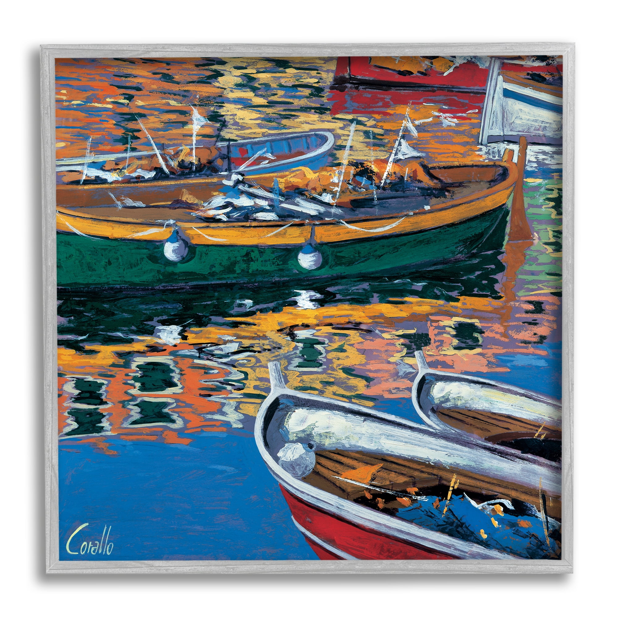Stupell Industries Boats in Water Reflection Transportation Painting Gray Framed Art Print Wall Art, 12 x 12