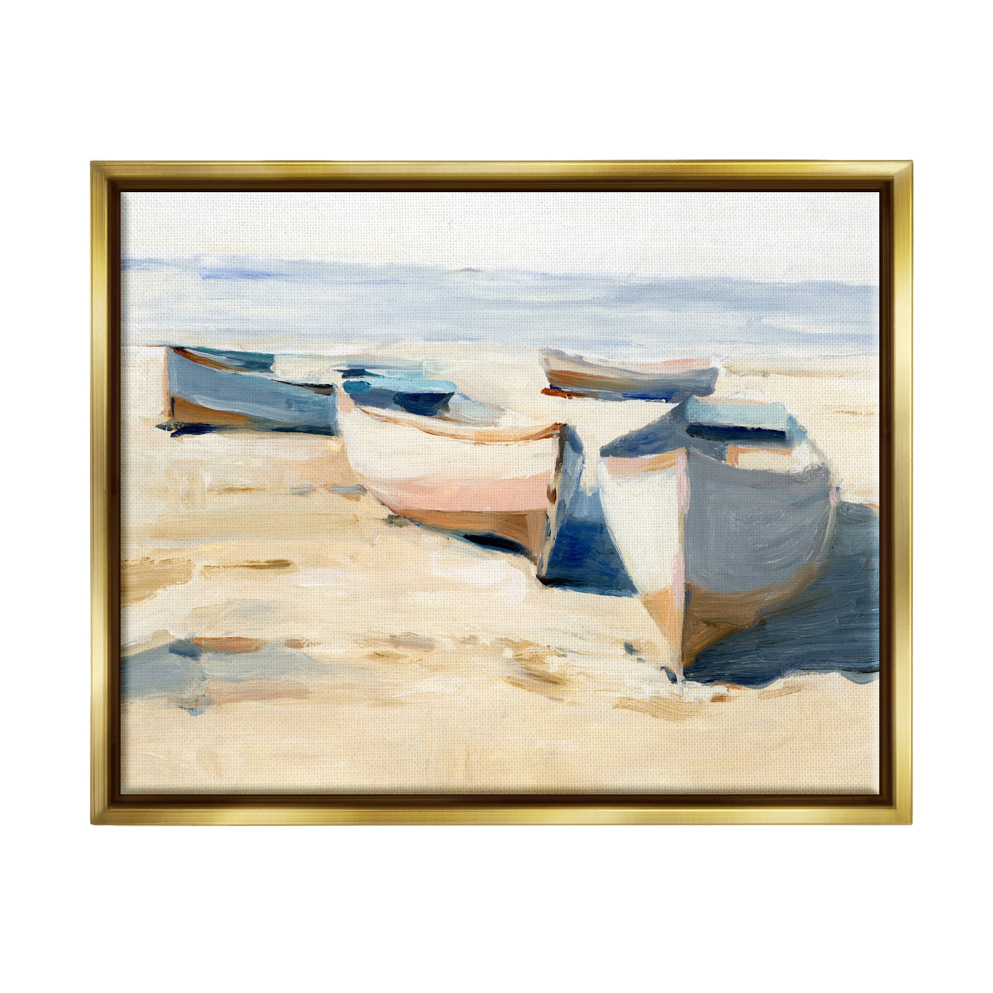 Stupell Industries Boats on Beach Painting Transportation Painting Gold Floater Framed Canvas Art Print Wall Art, 21 x 17