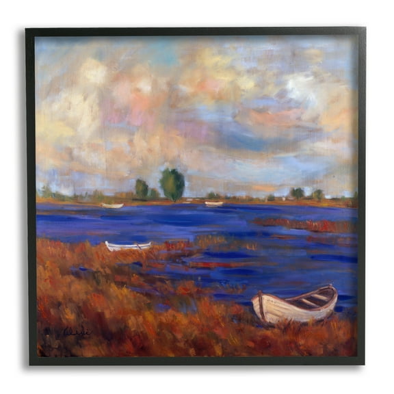 Stupell Industries Boats on Lake Shore Landscape Painting Black Framed Art Print Wall Art, 12 x 12