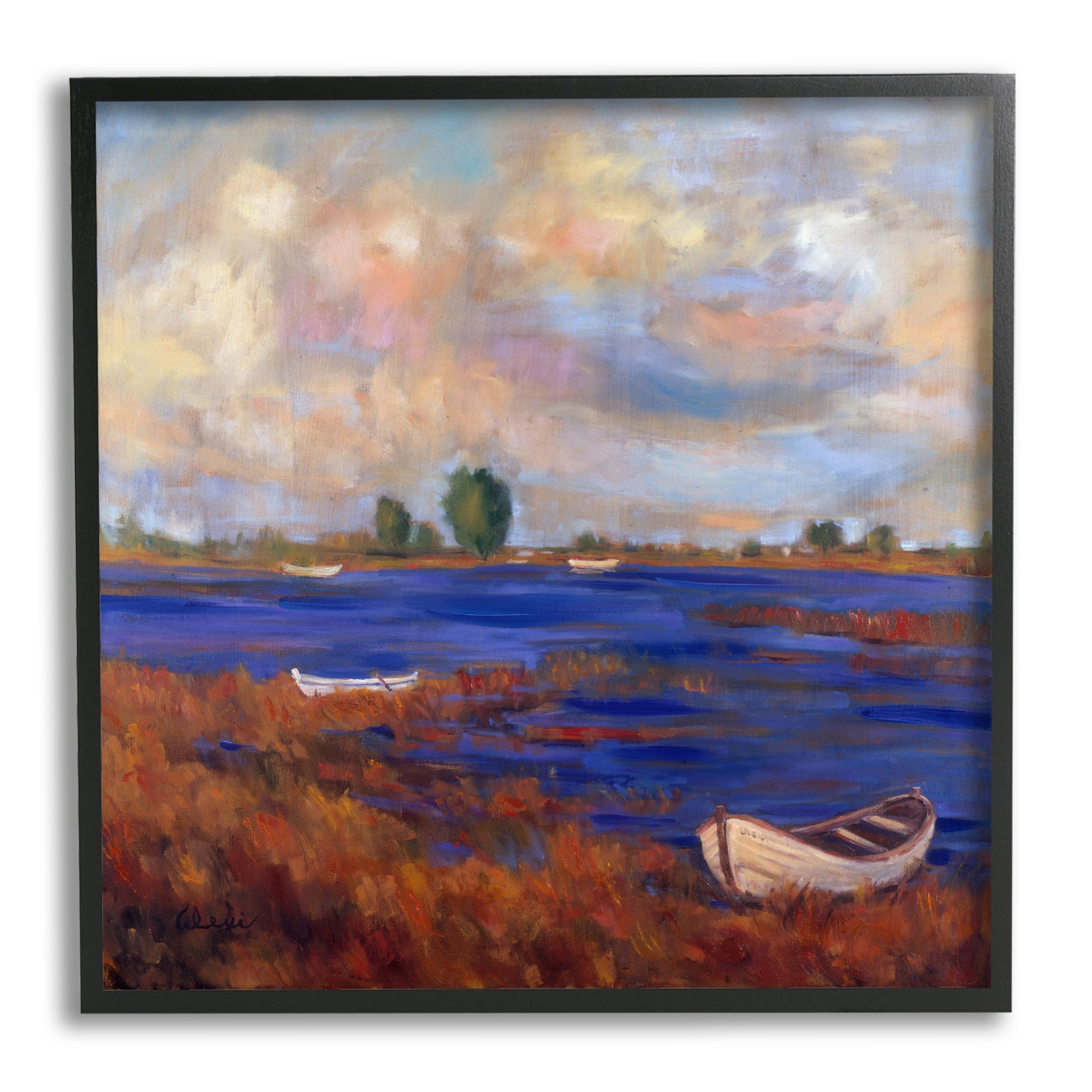 Stupell Industries Boats on Lake Shore Landscape Painting Black Framed Art Print Wall Art, 24 x 24