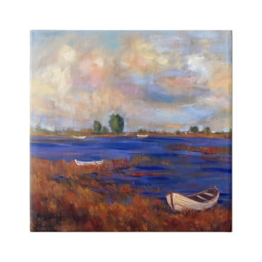 Stupell Industries Boats on Lake Shore Landscape Painting Gallery Wrapped Canvas Art Print Wall Art, 17 x 17