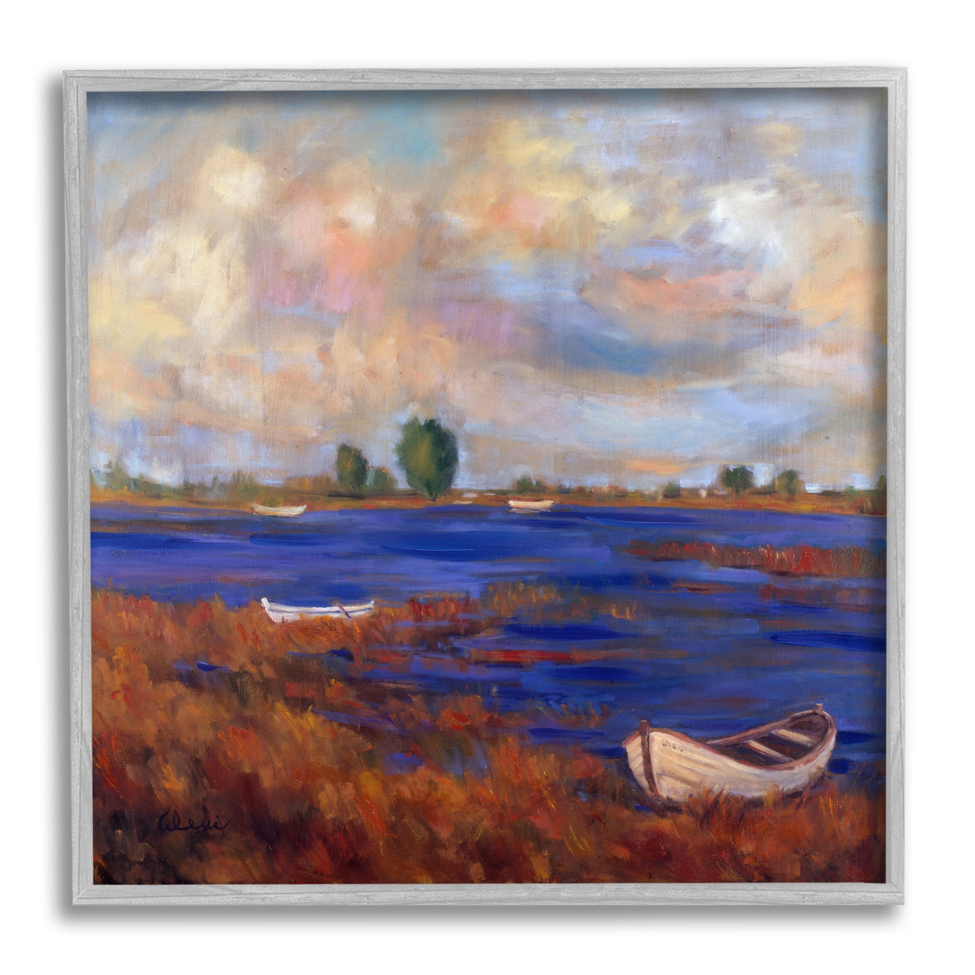 Stupell Industries Boats on Lake Shore Landscape Painting Gray Framed Art Print Wall Art, 24 x 24