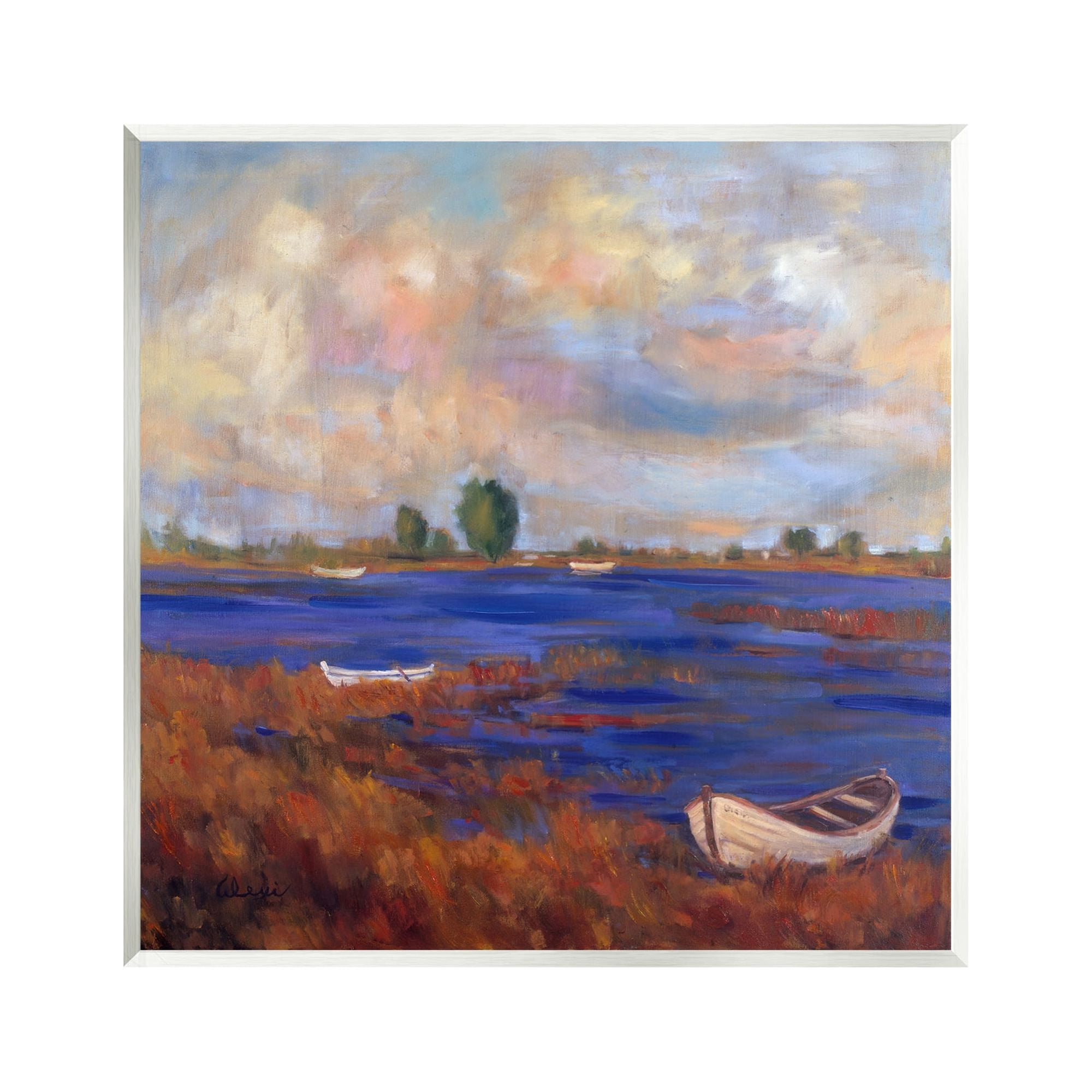 Stupell Industries Boats on Lake Shore Landscape Painting Unframed Art Print Wall Art, 12 x 12