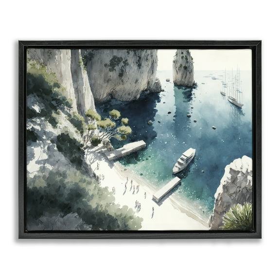 Stupell Industries Boats on Rocky Shore Landscape & Nature Painting Black Floater Framed Canvas Art Print Wall Art, 21 x 17