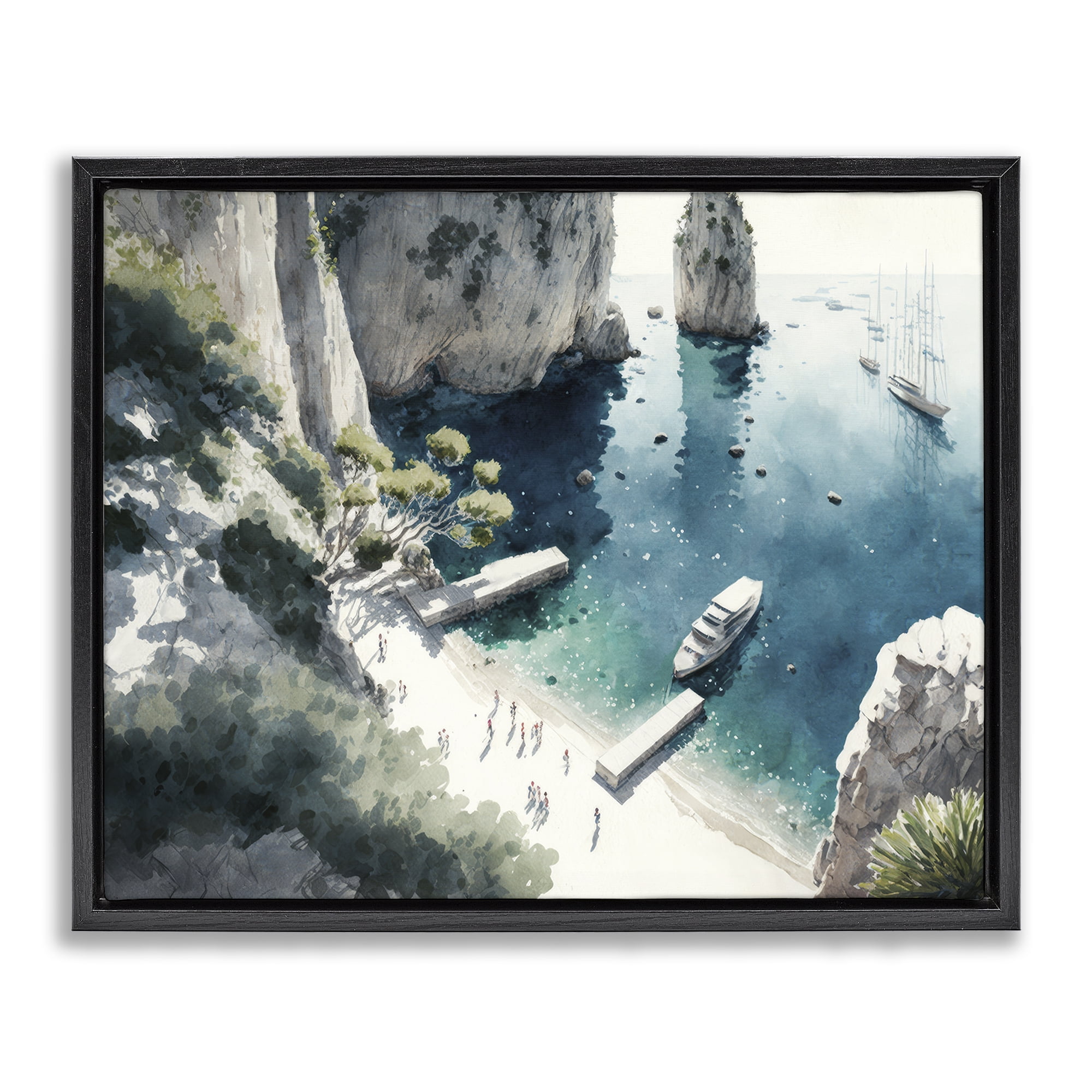 Stupell Industries Boats on Rocky Shore Landscape & Nature Painting Black Floater Framed Canvas Art Print Wall Art, 31 x 25
