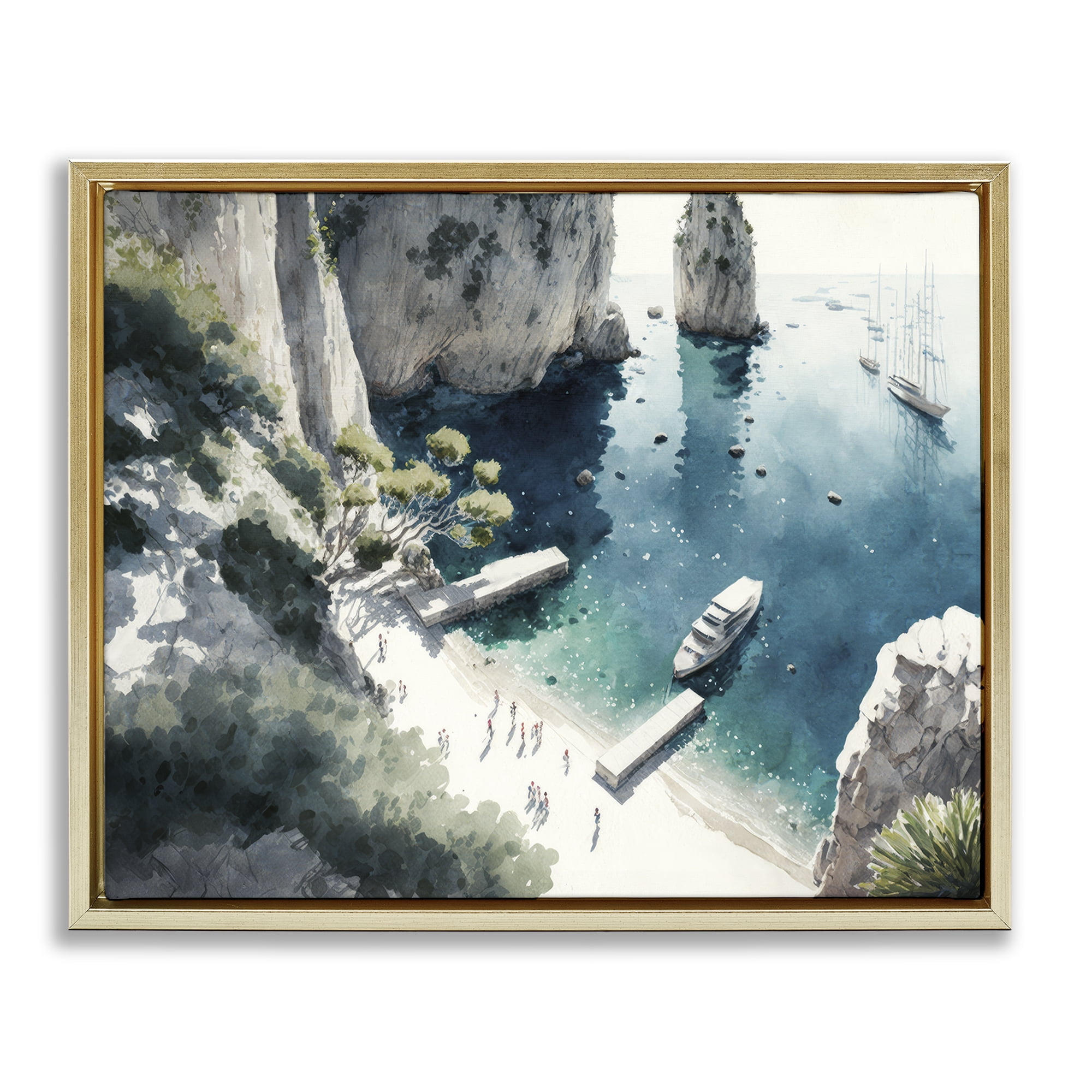 Stupell Industries Boats on Rocky Shore Landscape & Nature Painting Gold Floater Framed Canvas Art Print Wall Art, 31 x 25