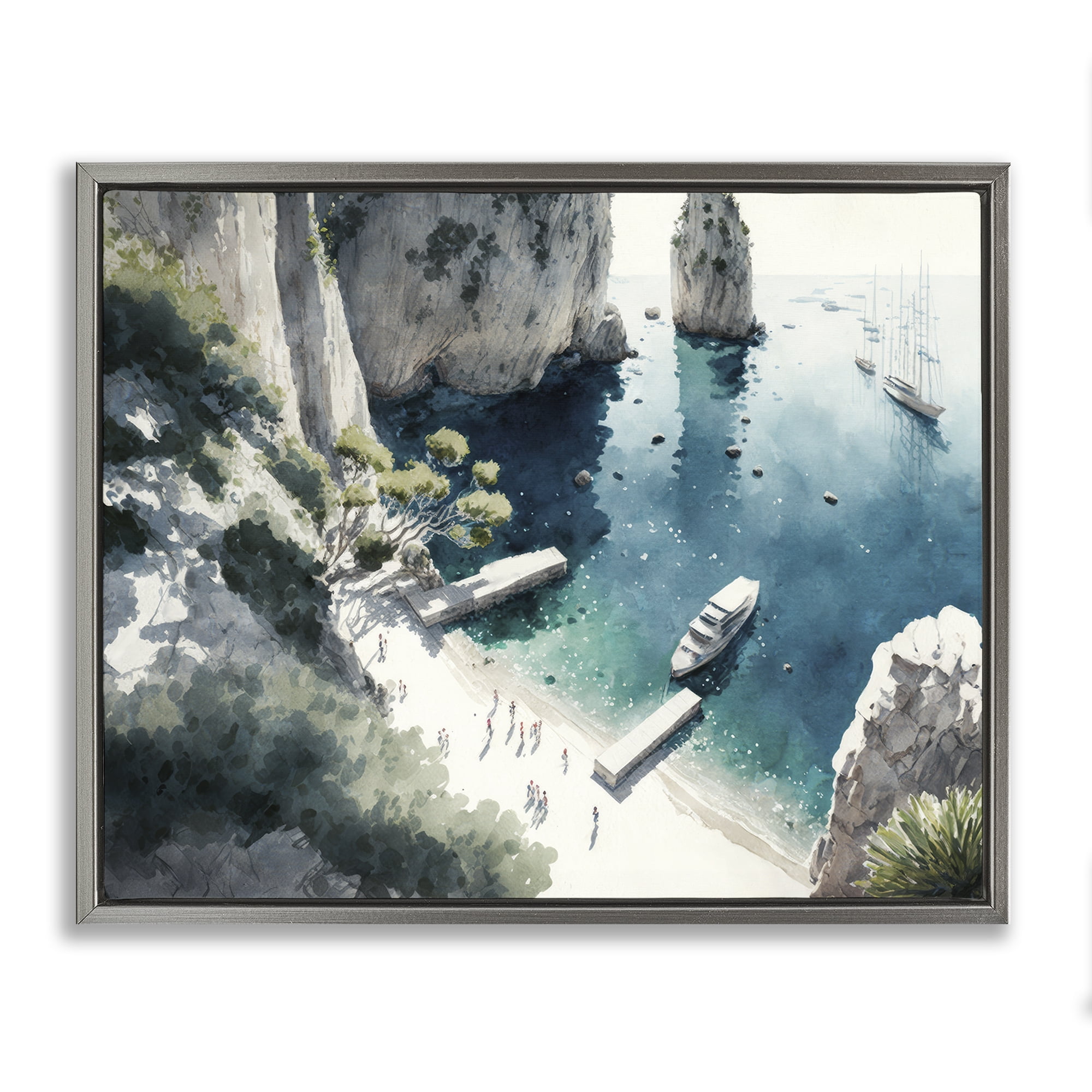Stupell Industries Boats on Rocky Shore Landscape & Nature Painting Gray Floater Framed Canvas Art Print Wall Art, 21 x 17