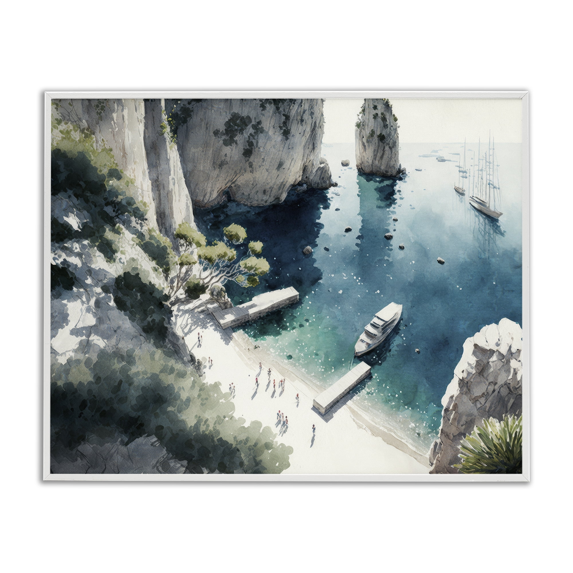 Stupell Industries Boats on Rocky Shore Landscape & Nature Painting White Framed Art Print Wall Art, 20 x 16