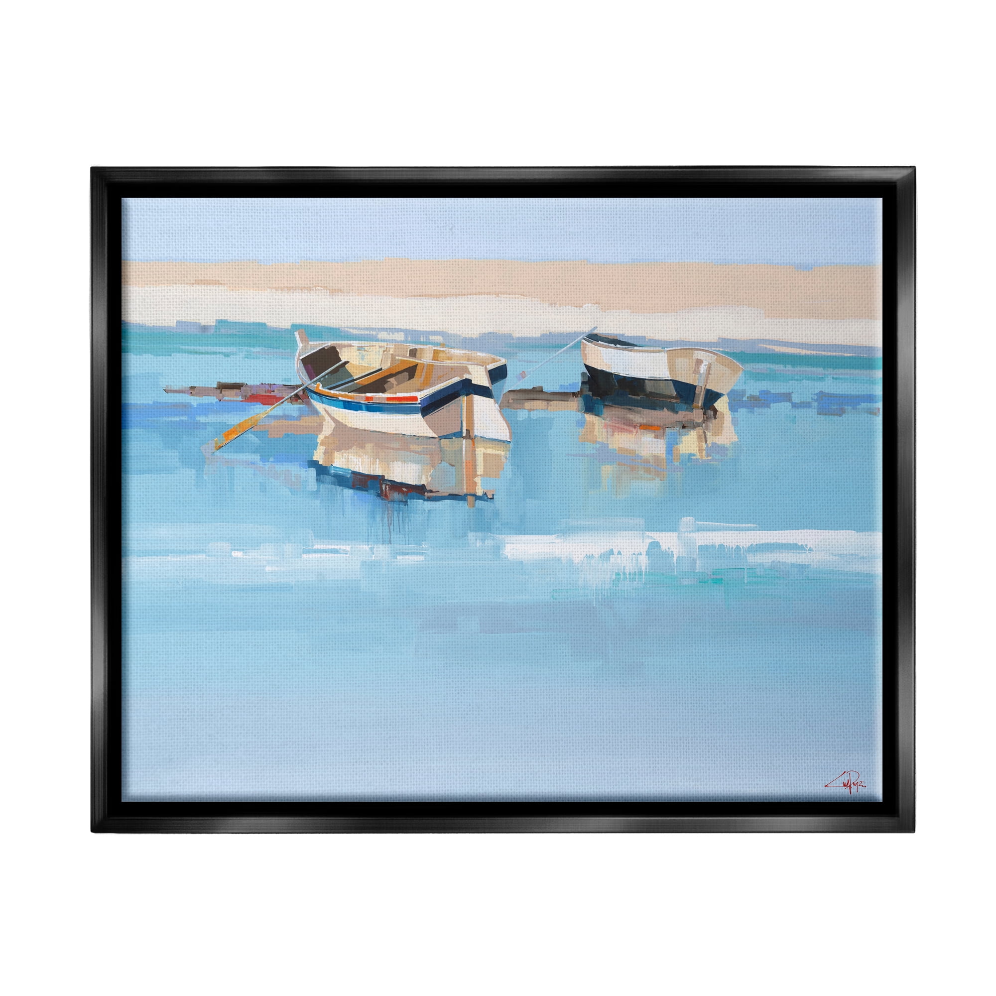 Stupell Industries Boats on Shore Painting Transportation Painting Black Floater Framed Canvas Art Print Wall Art, 21 x 17