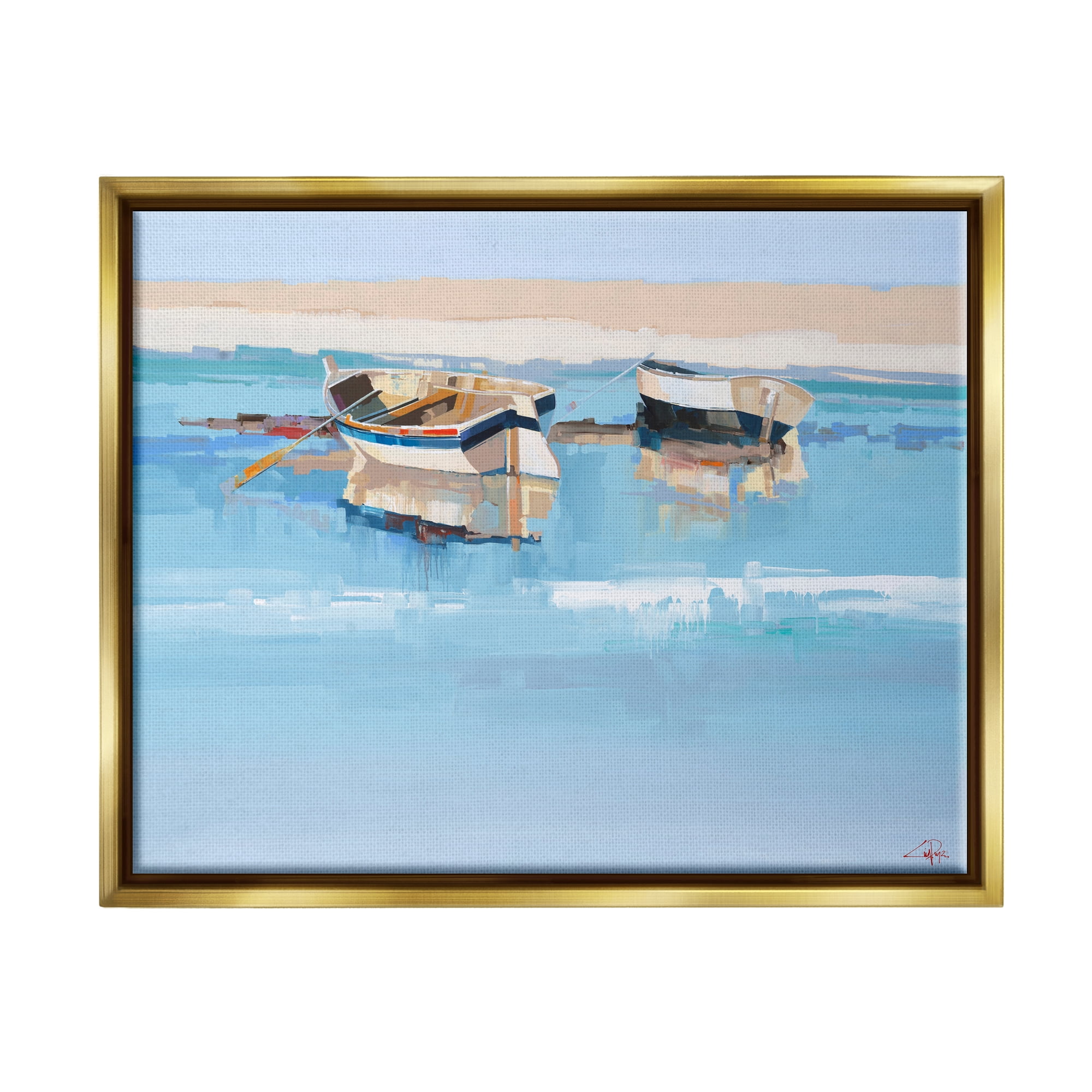 Stupell Industries Boats on Shore Painting Transportation Painting Gold Floater Framed Canvas Art Print Wall Art, 21 x 17