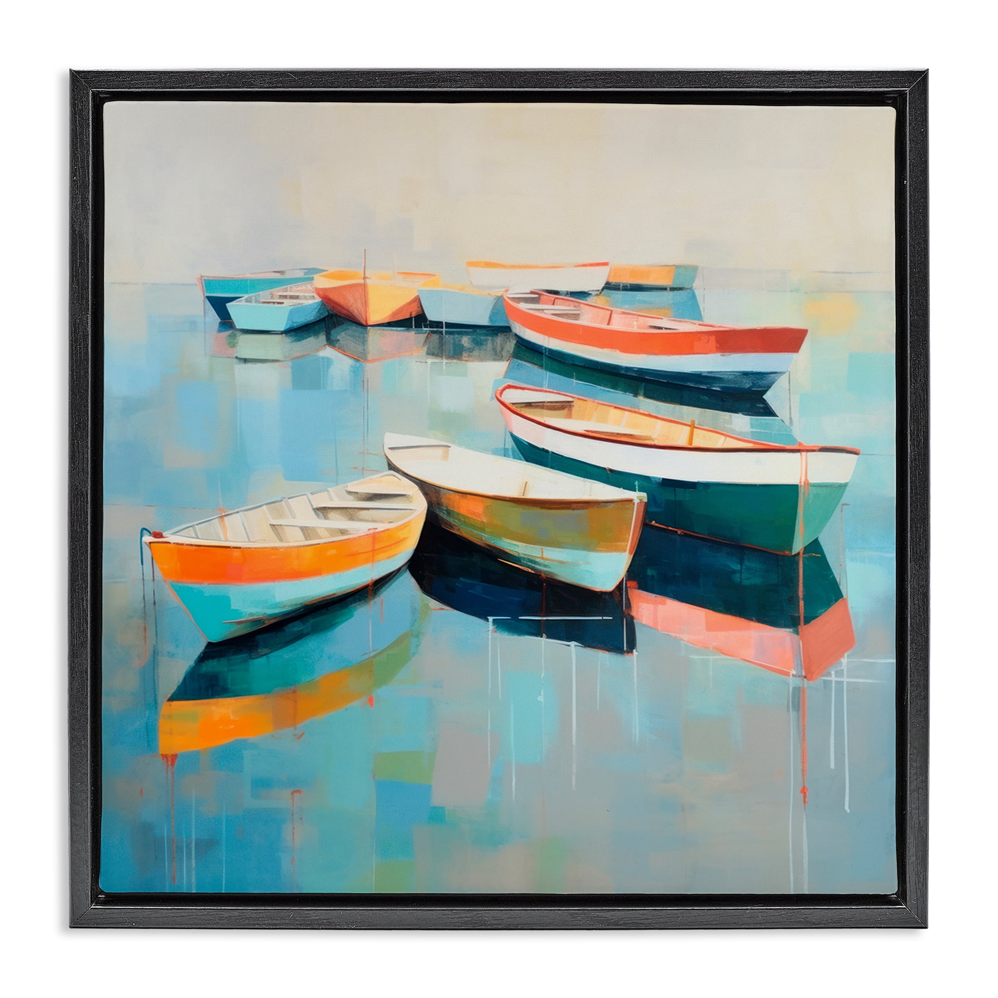 Stupell Industries Boats on Shoreline Transportation Painting Black Floater Framed Canvas Art Print Wall Art, 25 x 25