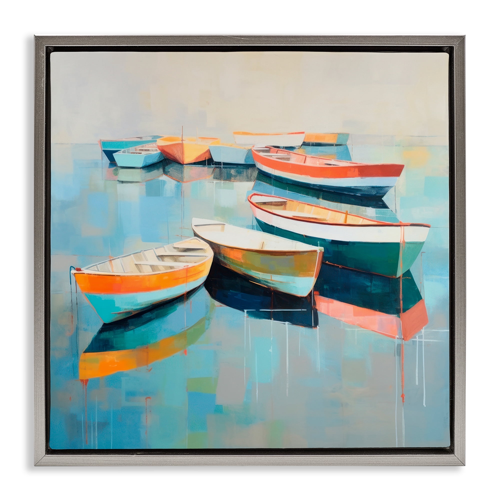 Stupell Industries Boats on Shoreline Transportation Painting Gray Floater Framed Canvas Art Print Wall Art, 18 x 18