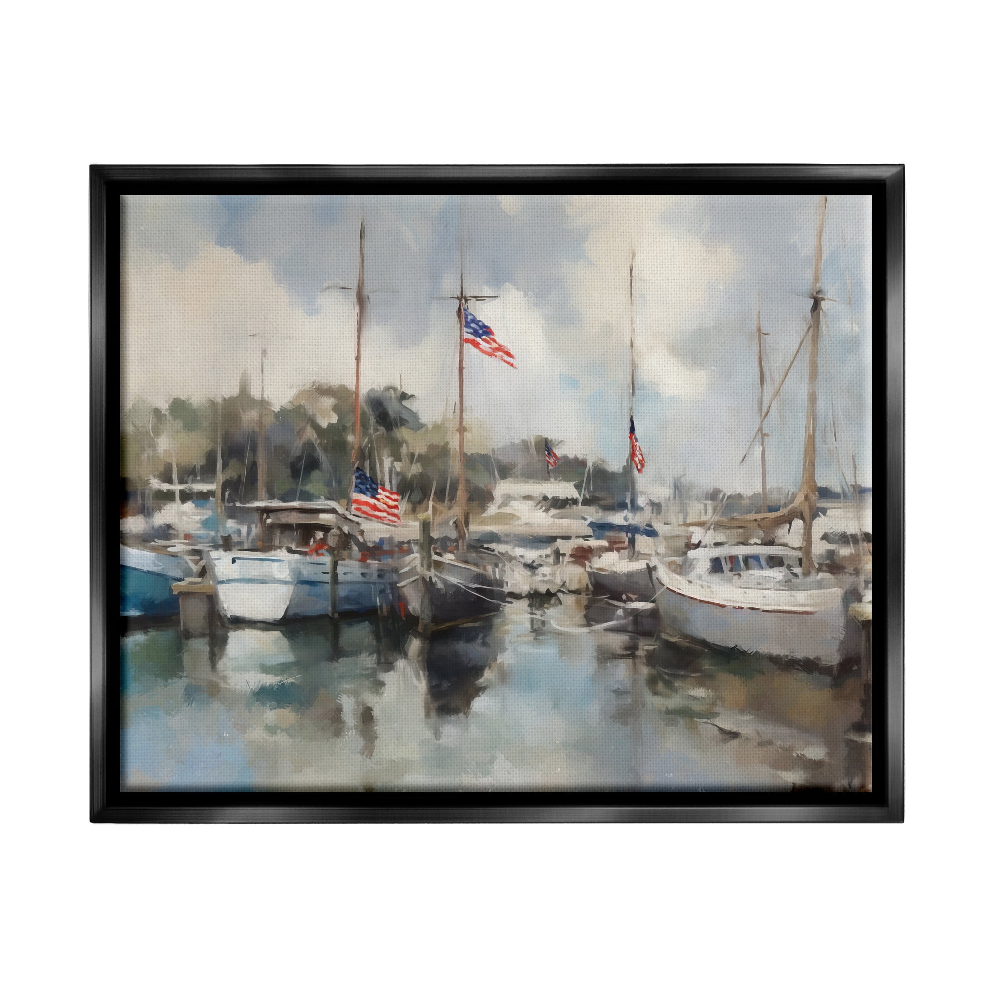 Stupell Industries Boats with American Flags Transportation Painting Black Floater Framed Canvas Art Print Wall Art, 21 x 17