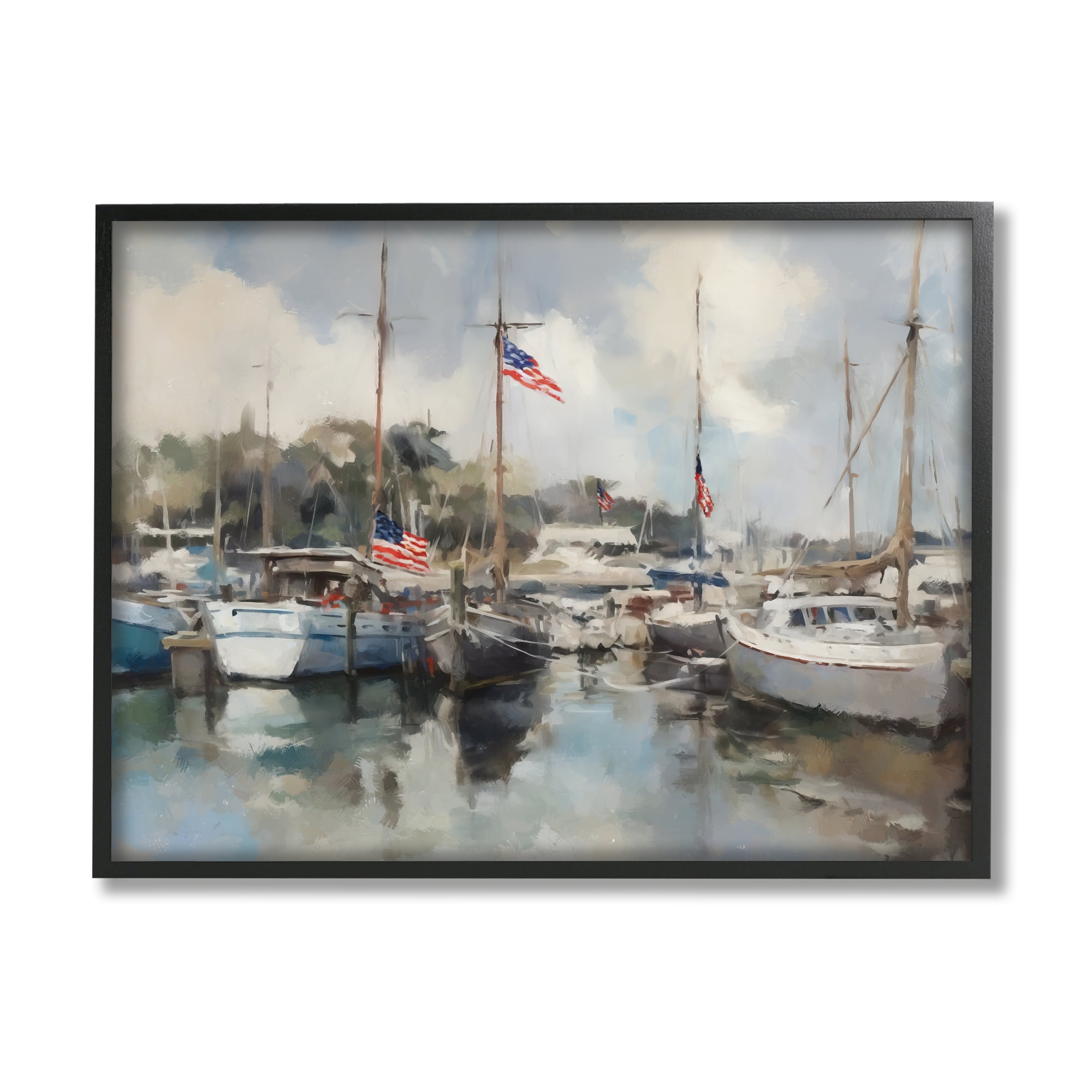 Stupell Industries Boats with American Flags Transportation Painting Black Framed Art Print Wall Art, 30 x 24