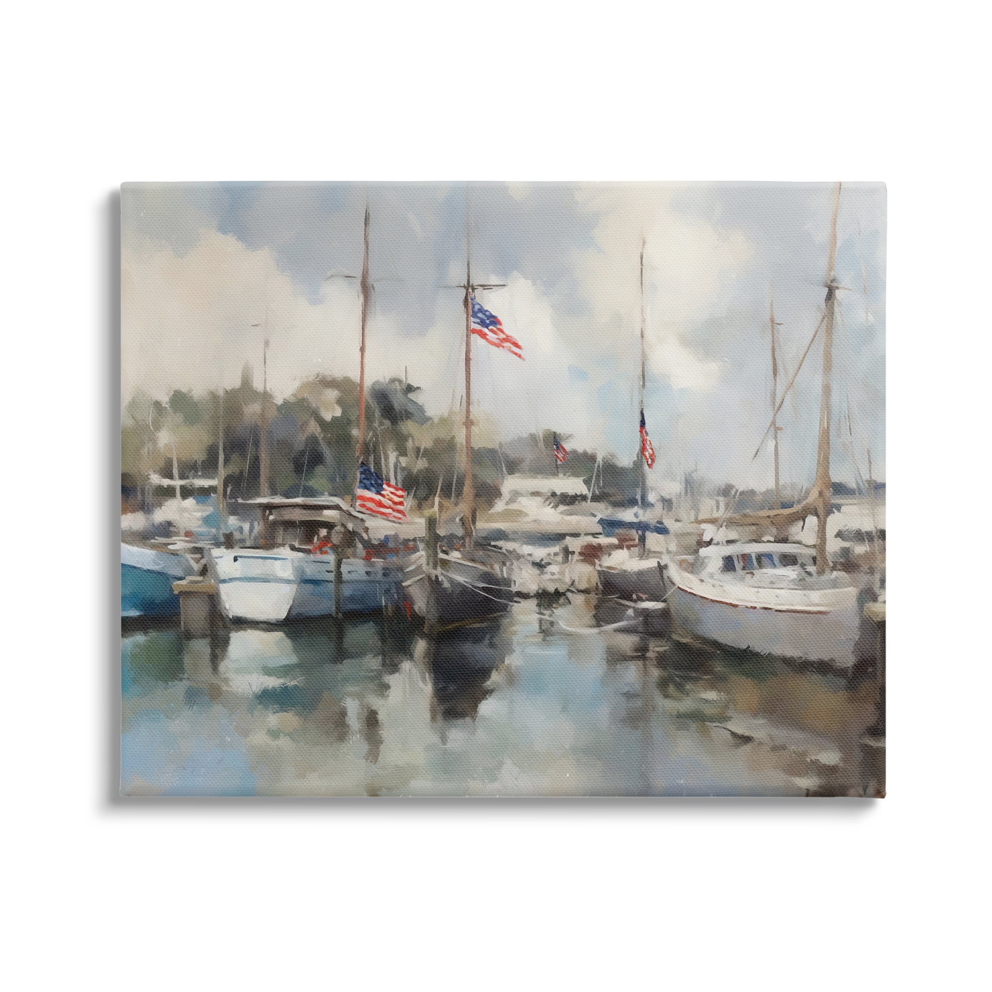 Stupell Industries Boats with American Flags Transportation Painting Gallery Wrapped Canvas Art Print Wall Art, 48 x 36