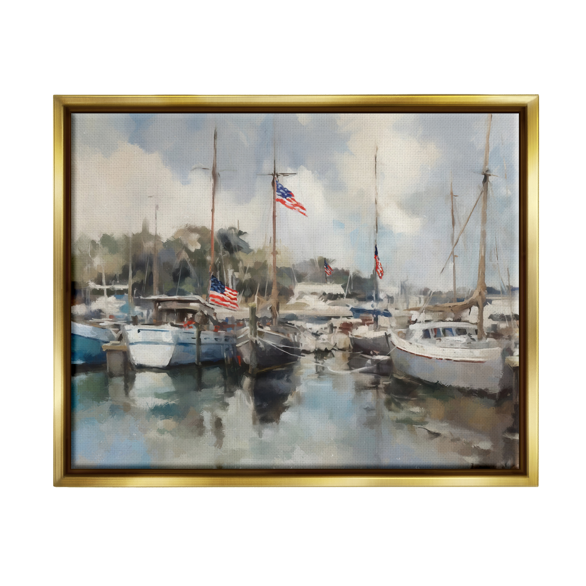 Stupell Industries Boats with American Flags Transportation Painting Gold Floater Framed Canvas Art Print Wall Art, 21 x 17
