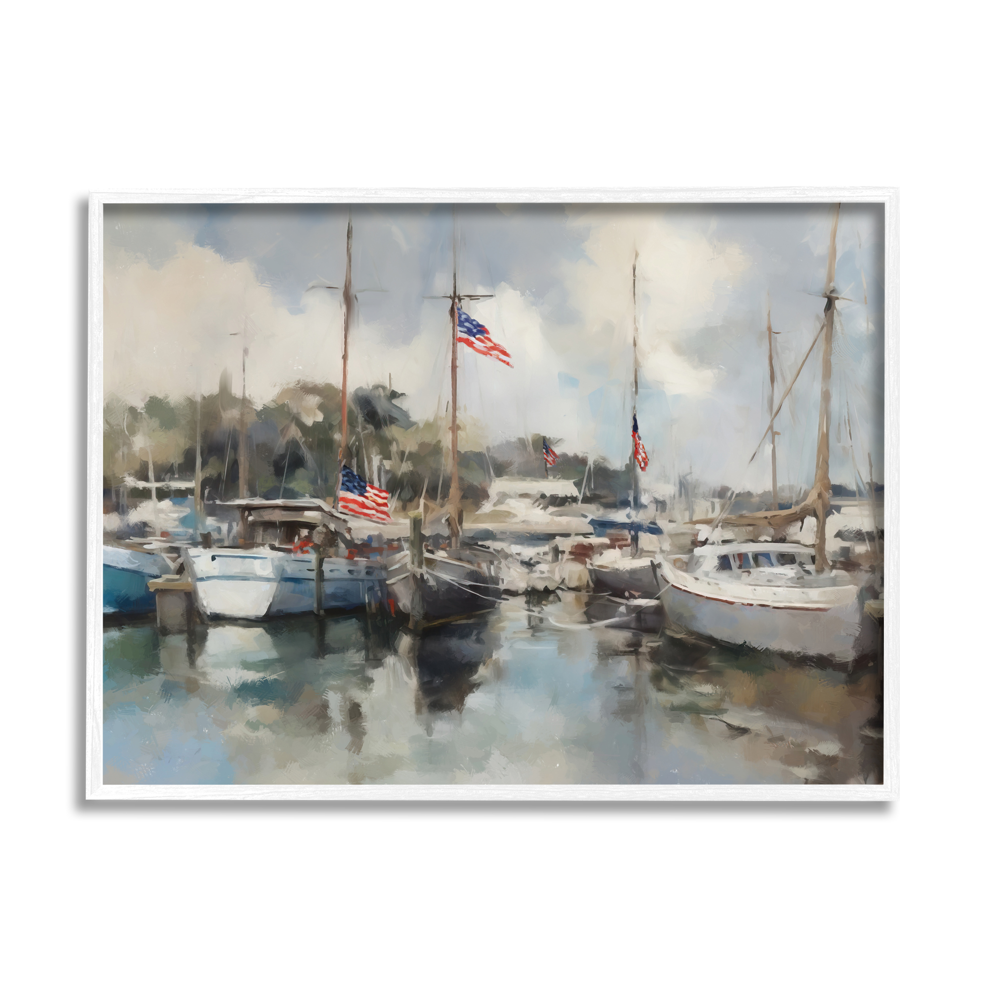 Stupell Industries Boats with American Flags Transportation Painting White Framed Art Print Wall Art, 30 x 24