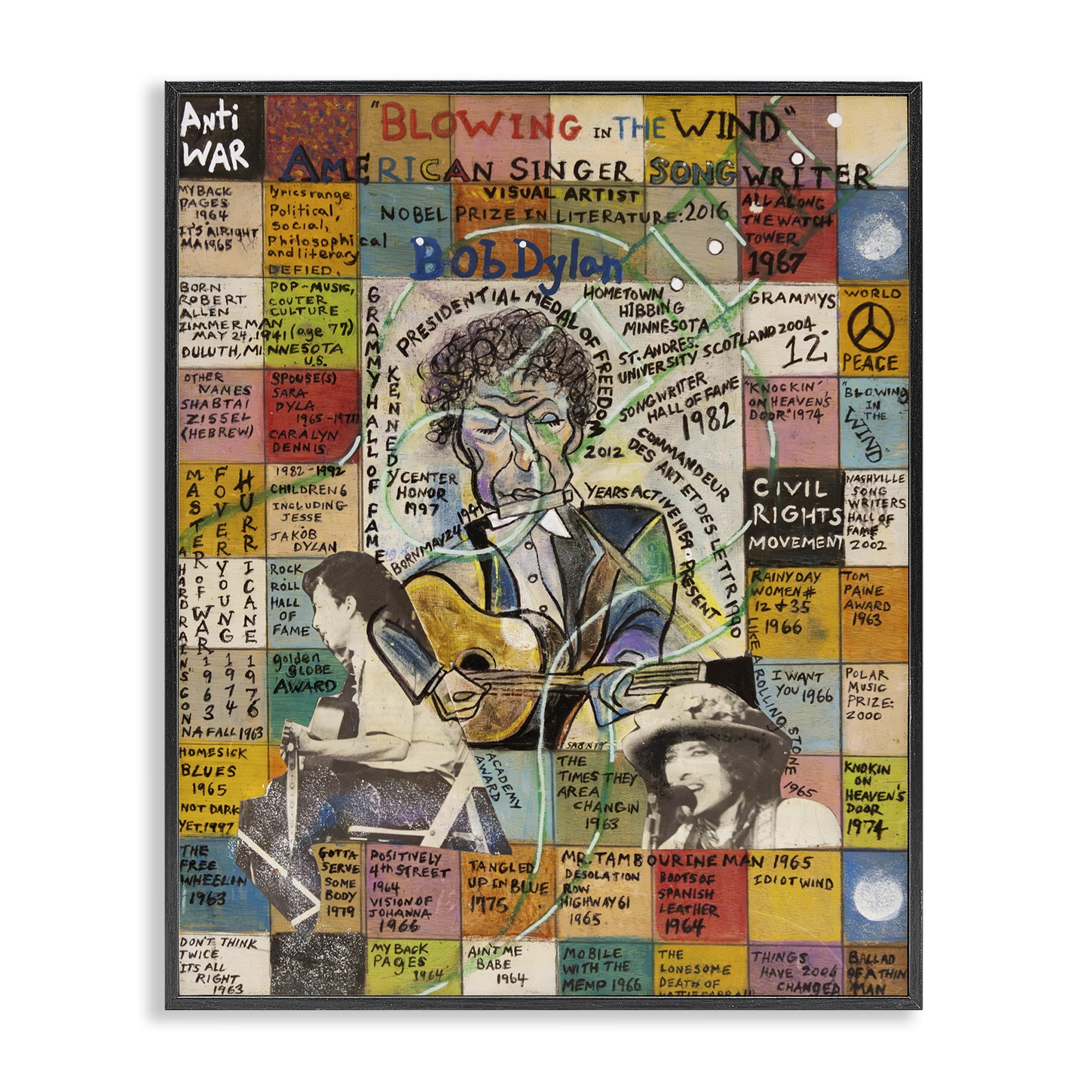 Stupell Industries Bob Dylan Collage People Drawing Black Framed Art Print Wall Art, 24 x 30