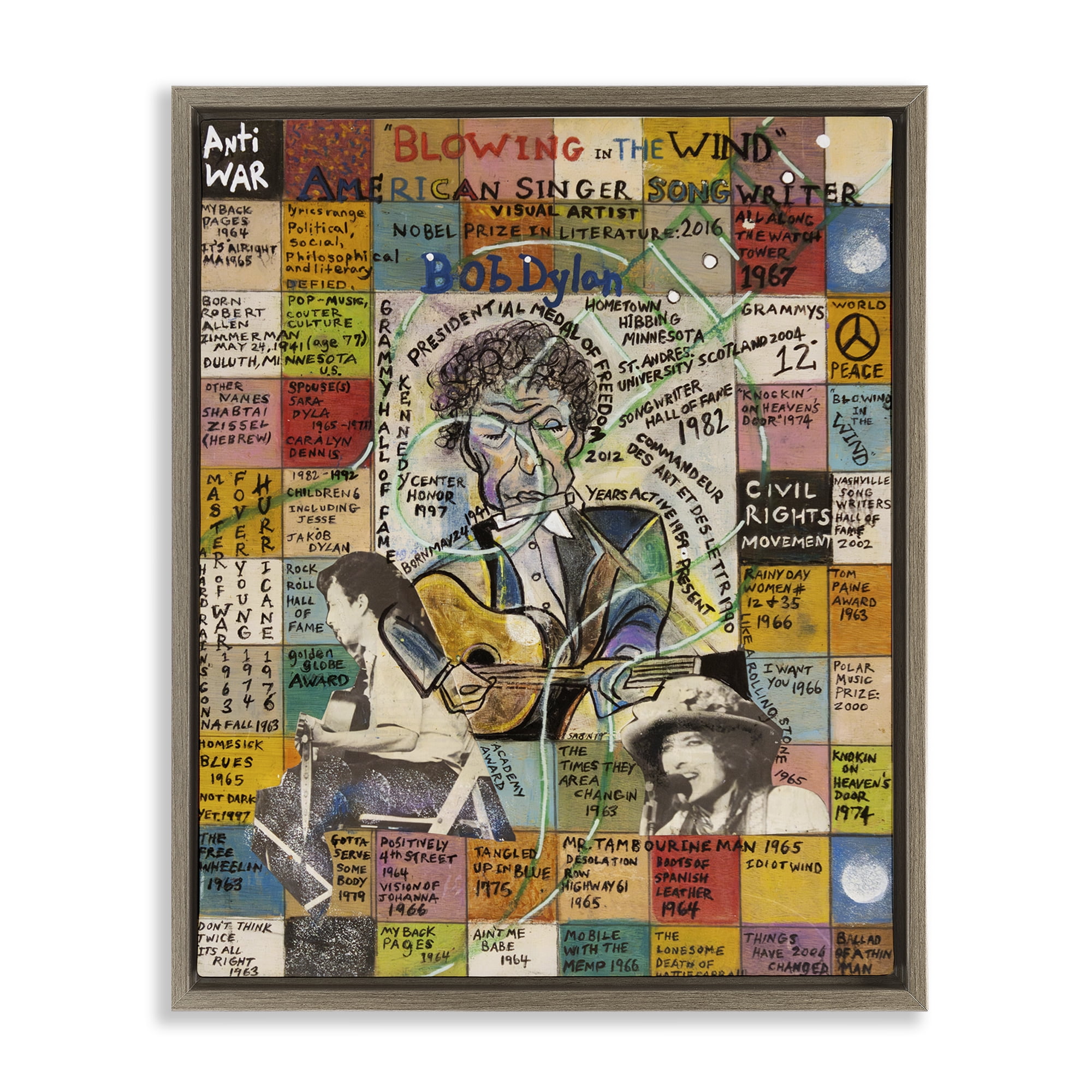 Stupell Industries Bob Dylan Collage People Drawing Brown Floater Framed Canvas Art Print Wall Art, 17 x 21