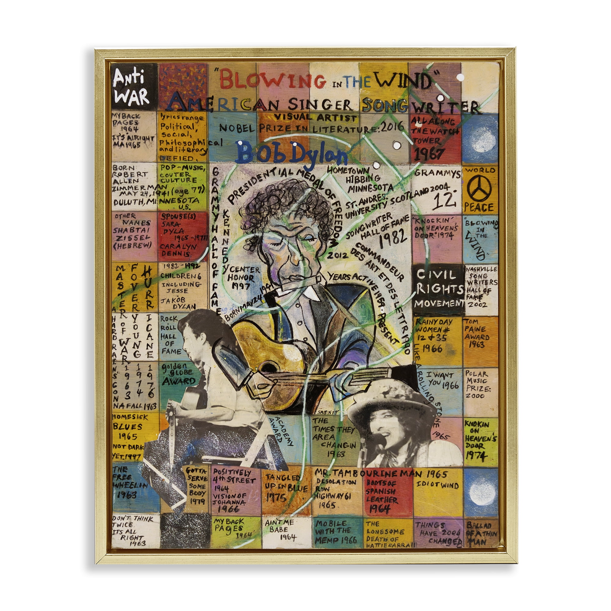 Stupell Industries Bob Dylan Collage People Drawing Gold Floater Framed Canvas Art Print Wall Art, 17 x 21