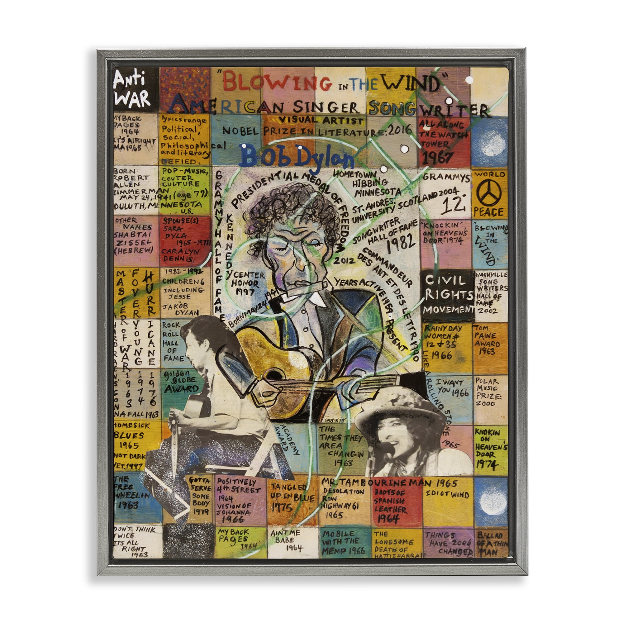 Stupell Industries Bob Dylan Collage People Drawing Gray Floater Framed Canvas Art Print Wall Art, 25 x 31