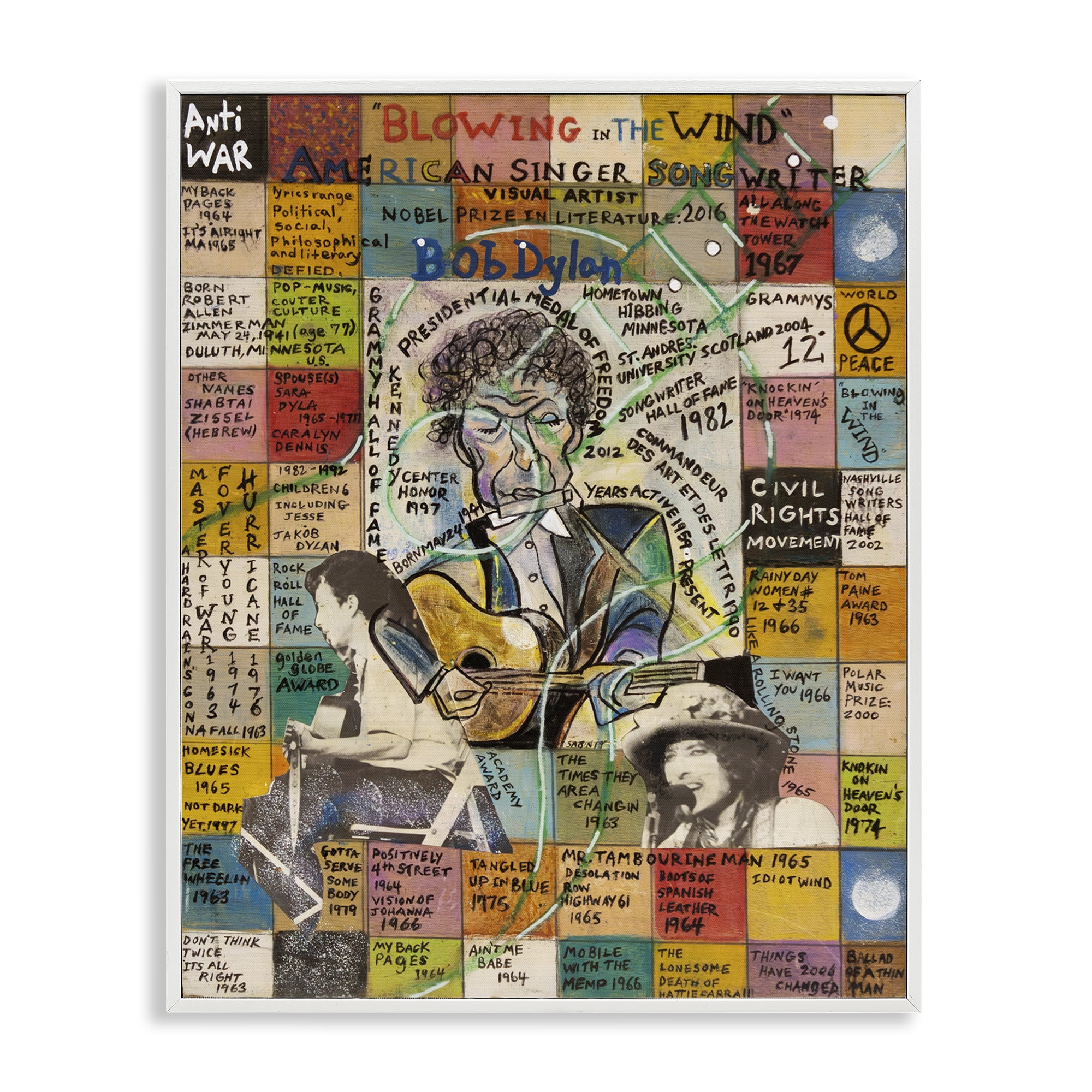 Stupell Industries Bob Dylan Collage People Drawing White Framed Art Print Wall Art, 16 x 20