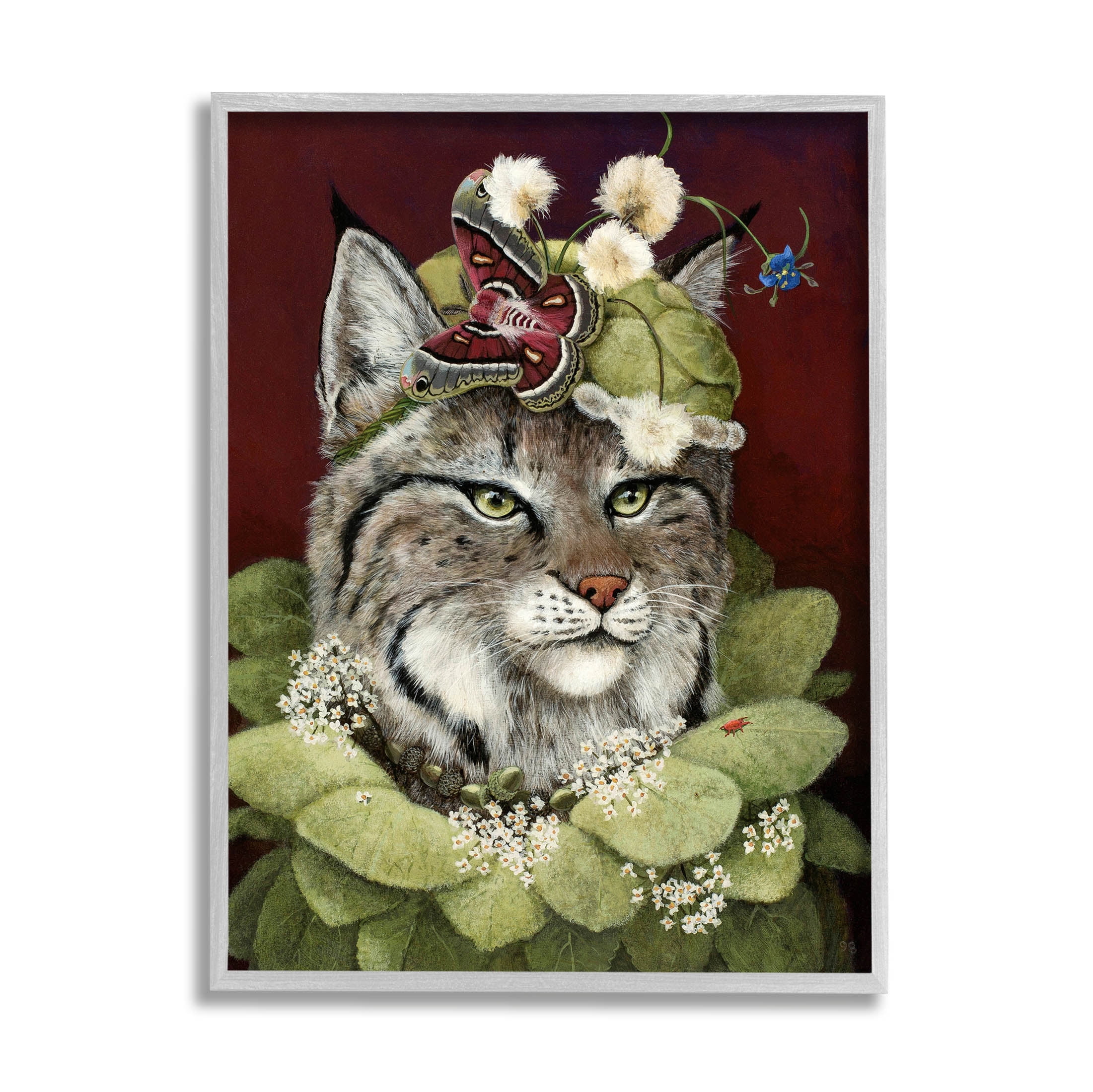 Stupell Industries Bobcat Wearing Leaf Outfit Painting Gray Framed Art Print Wall Art, Design by Carolyn Schmitz