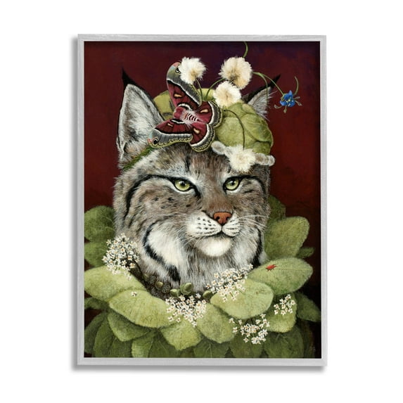 Stupell Industries Bobcat Wearing Leaf Outfit Painting Gray Framed Art Print Wall Art, Design by Carolyn Schmitz
