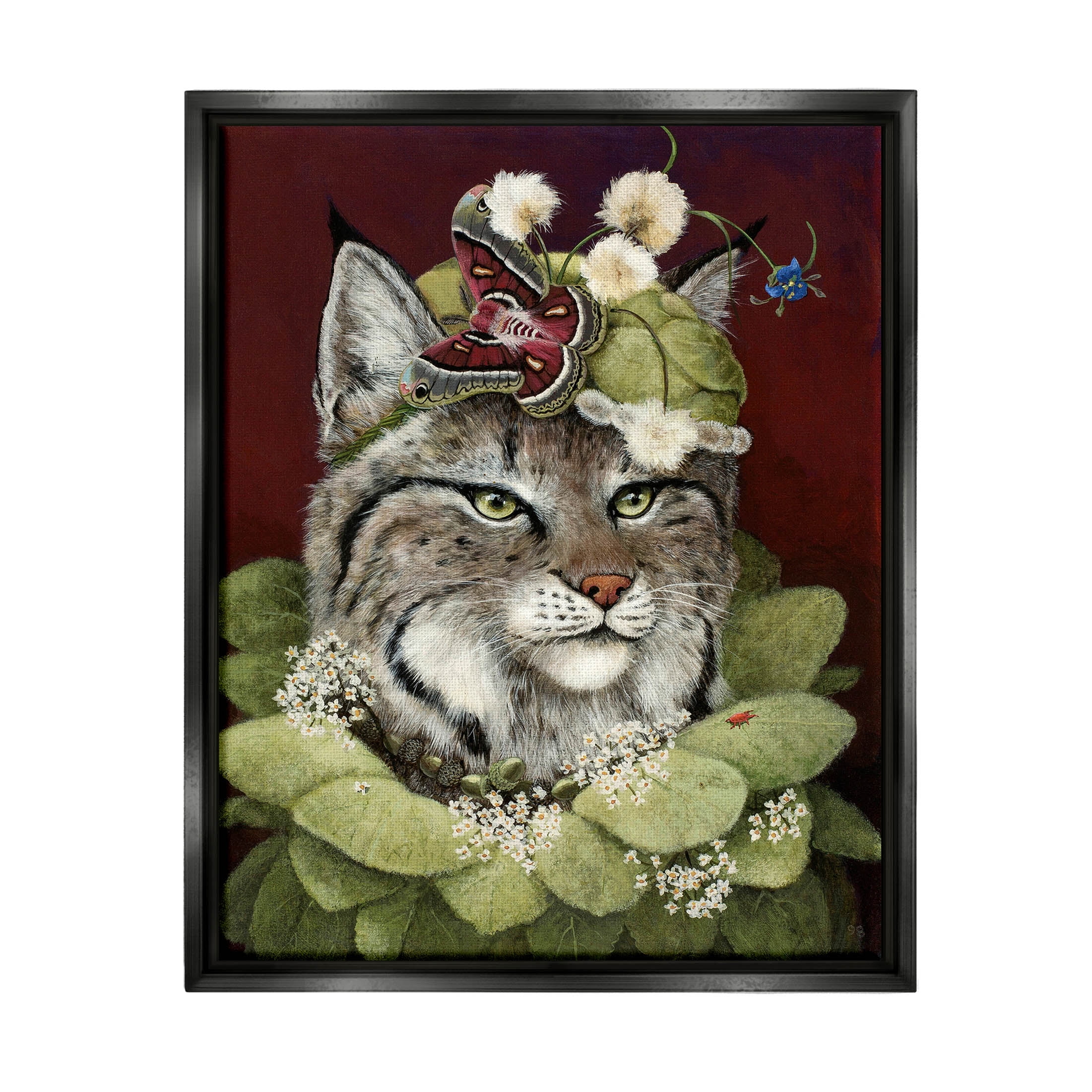 Stupell Industries Bobcat Wearing Leaf Outfit Painting Jet Black Floating Framed Canvas Print Wall Art, Design by Carolyn Schmitz