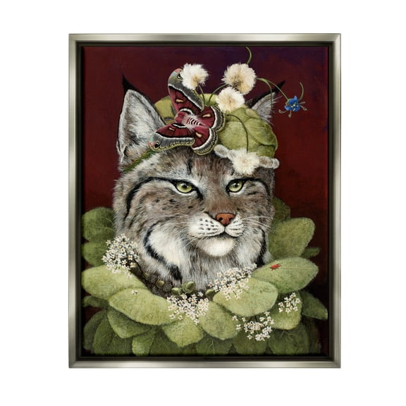 Stupell Industries Bobcat Wearing Leaf Outfit Painting Luster Gray Floating Framed Canvas Print Wall Art, Design by Carolyn Schmitz