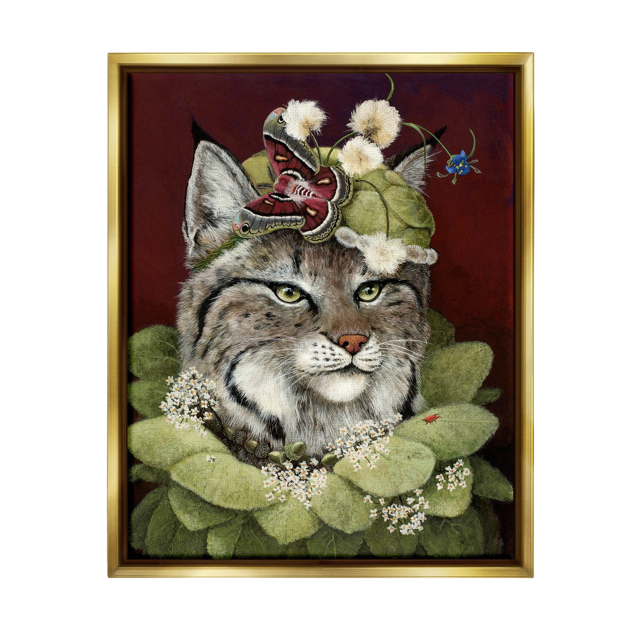 Stupell Industries Bobcat Wearing Leaf Outfit Painting Metallic Gold Floating Framed Canvas Print Wall Art, Design by Carolyn Schmitz