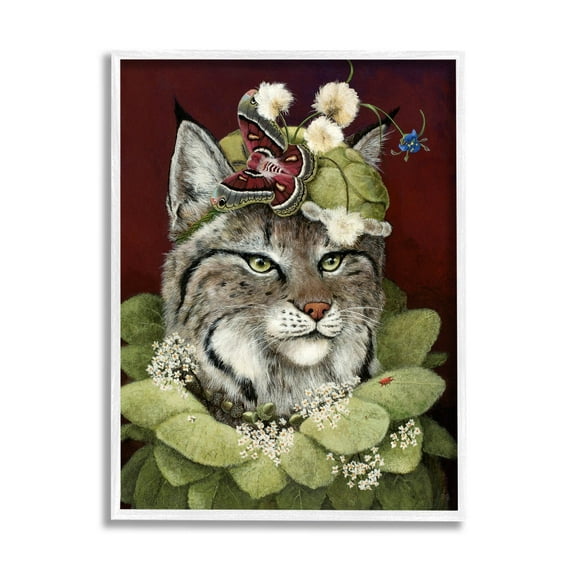 Stupell Industries Bobcat Wearing Leaf Outfit Painting White Framed Art Print Wall Art, Design by Carolyn Schmitz