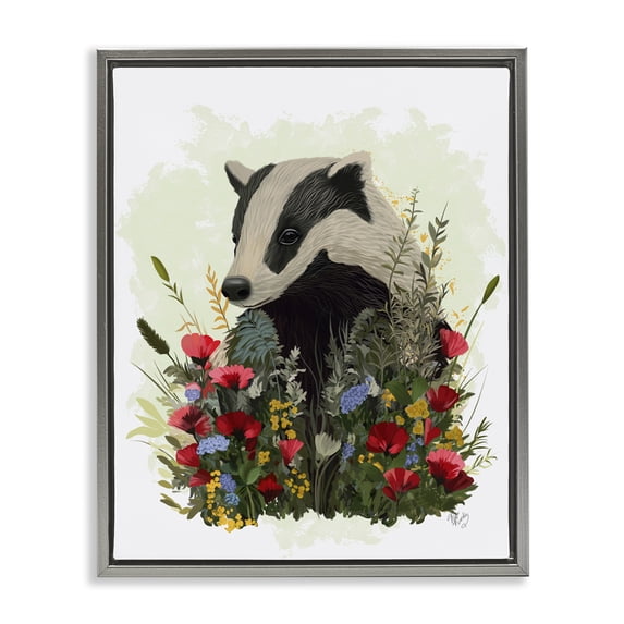 Stupell Industries Bohemian Badger with Poppy Blossoms Gray Floating Frame Canvas Art, 25 x 31, by Fab Funky