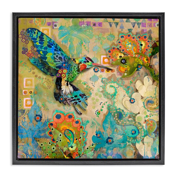 Stupell Industries Bohemian Boho Hummingbird Pattern Black Floating Frame Canvas Art, 25 x 25, by Evelia Designs