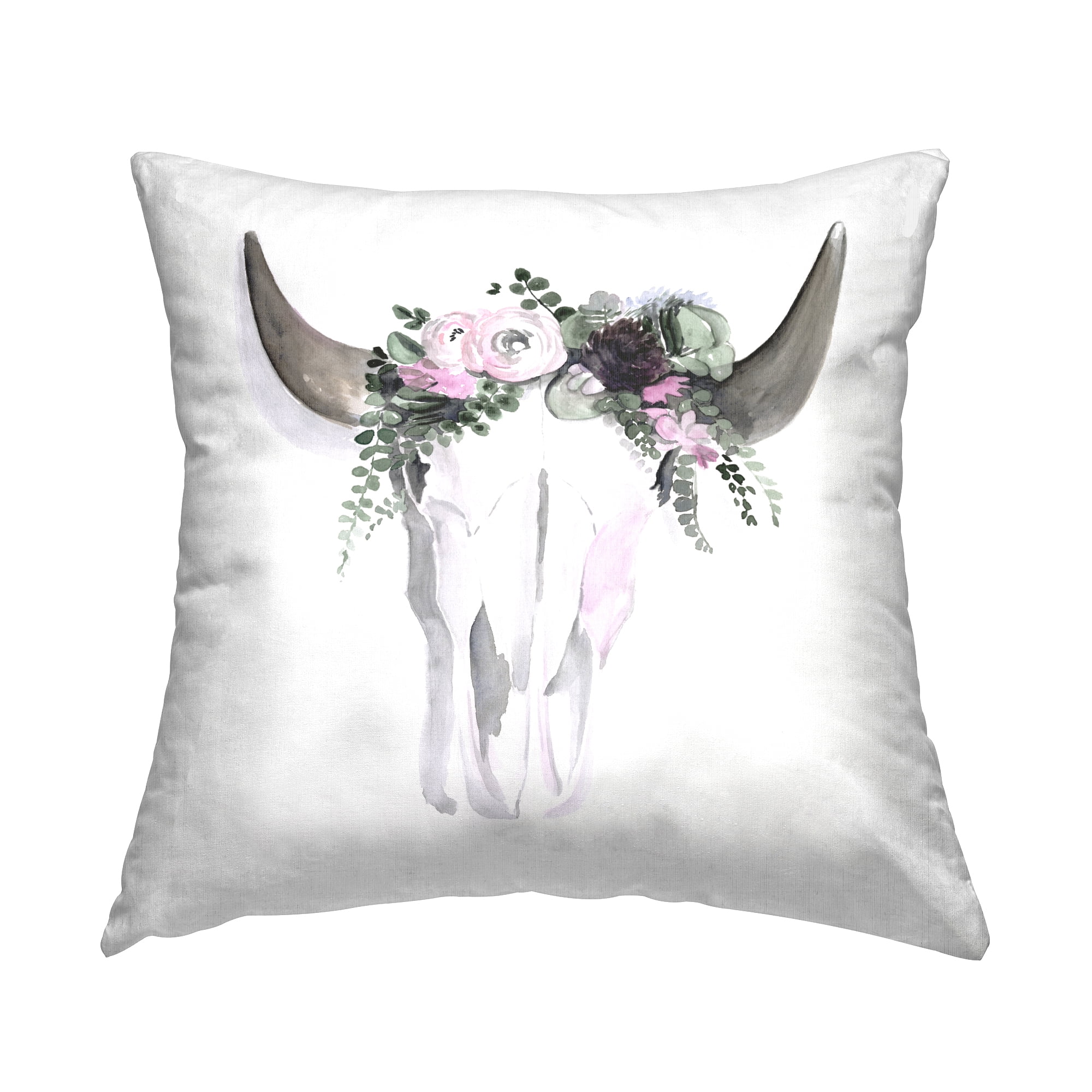Stupell Industries Bohemian Cattle Skull Floral Roses Square Decorative Printed Throw Pillow, 18 x 18,