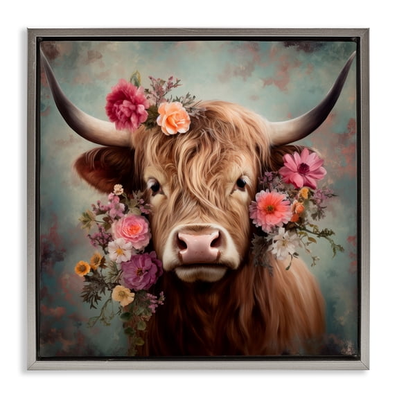 Stupell Industries Bohemian Cattle with Gerbera Daisies Gray Floating Frame Canvas Art, 25 x 25, by Irena Orlov