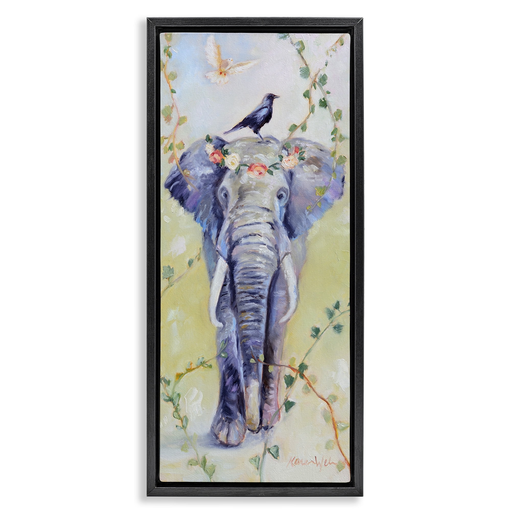 Stupell Industries Bohemian Elephant with Green Vines Animals & Insects Painting Black Floater Framed Canvas Art Print Wall Art, 15 x 31