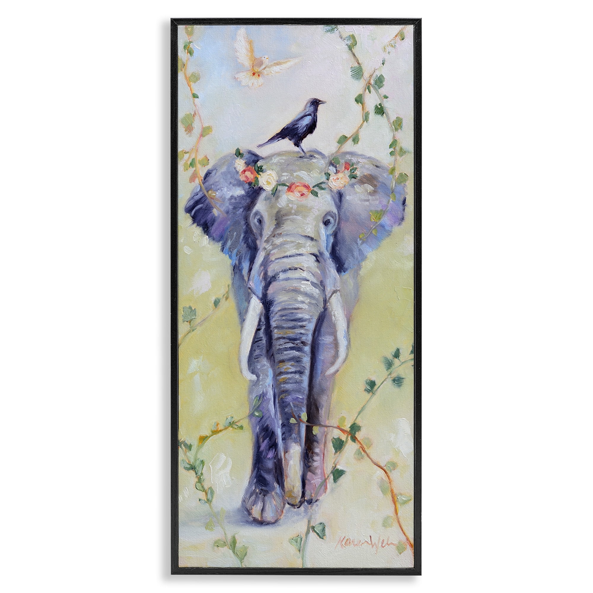 Bohemian Elephant with Green Vines Black Framed Art Print, 10 x 24