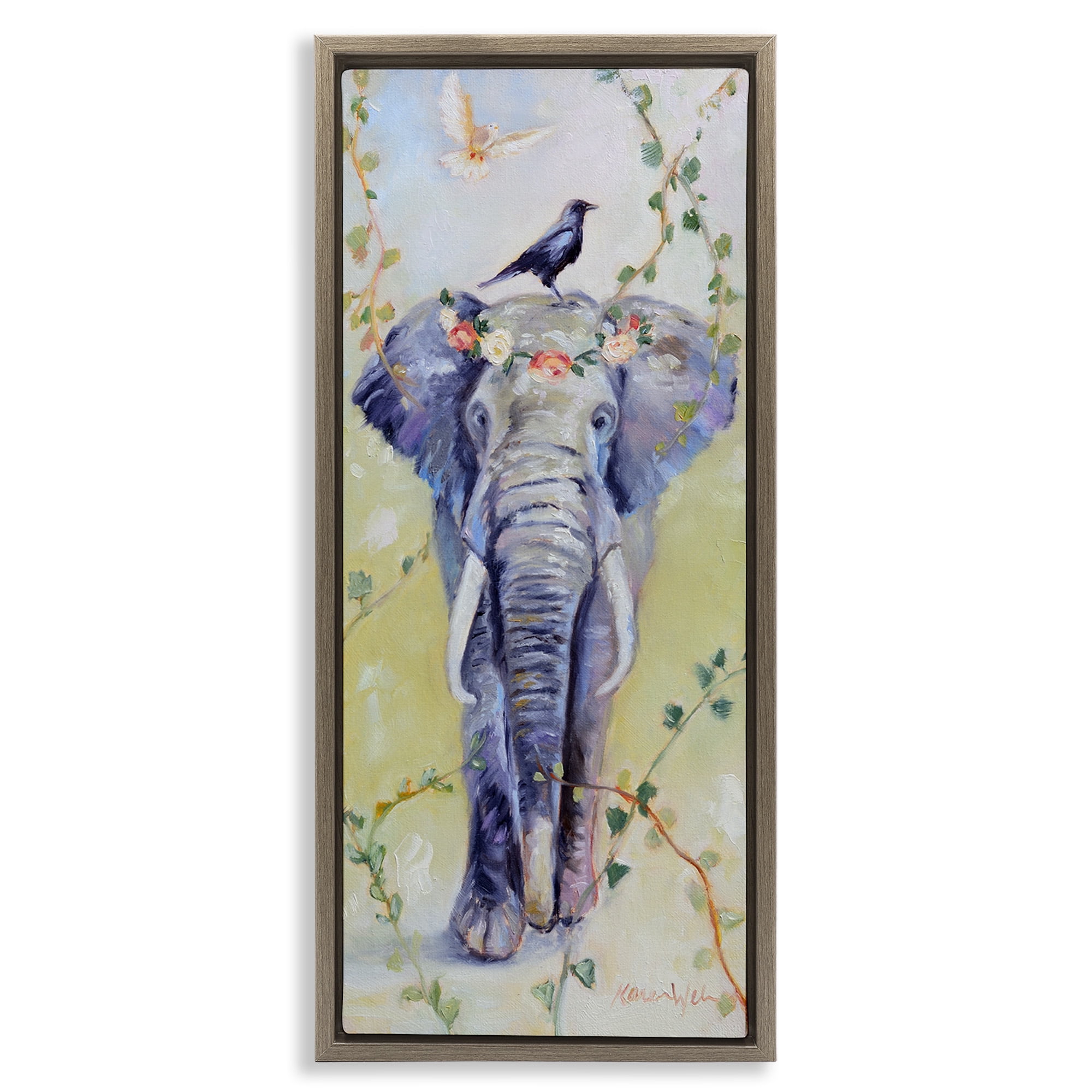 Stupell Industries Bohemian Elephant with Green Vines Animals & Insects Painting Brown Floater Framed Canvas Art Print Wall Art, 11 x 25