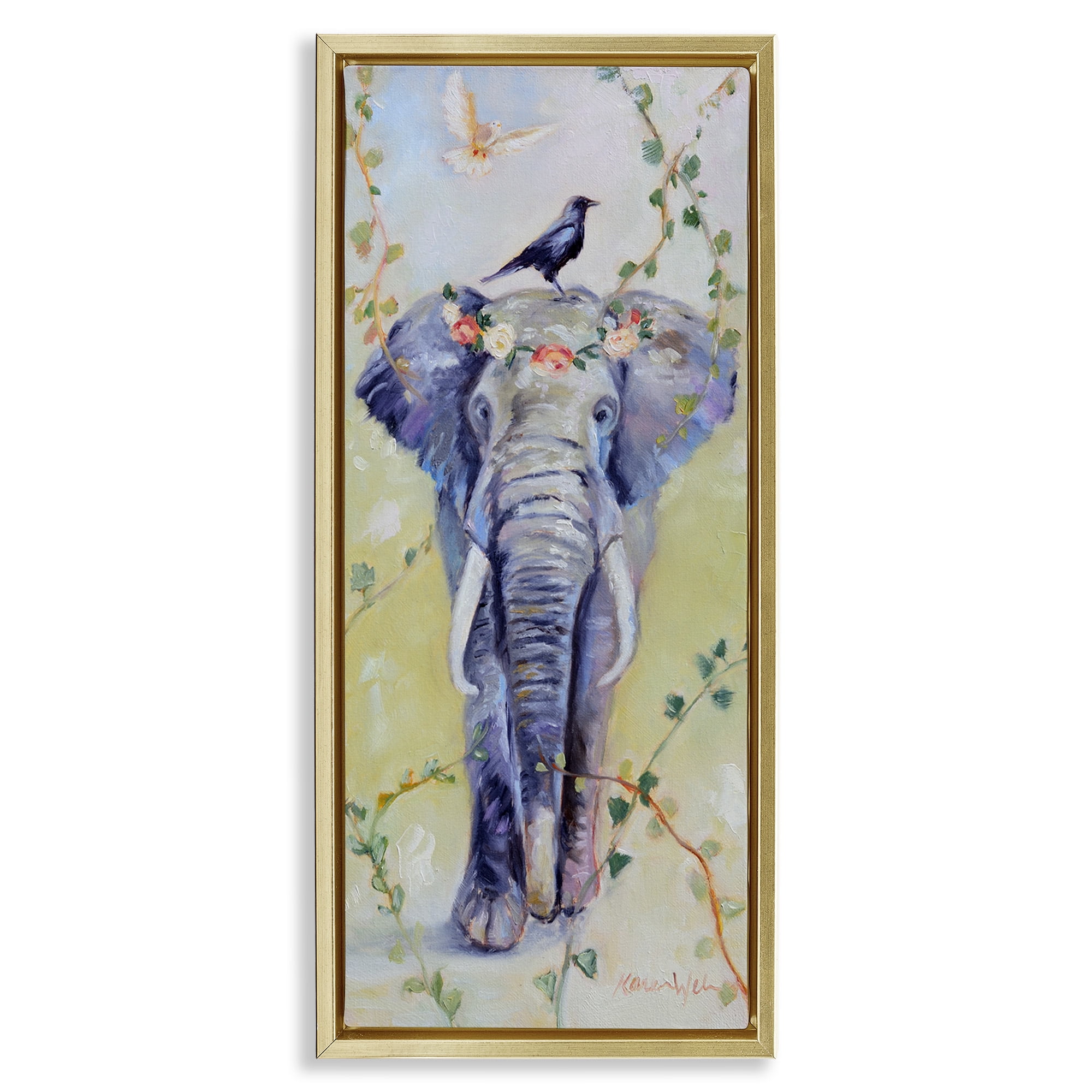 Stupell Industries Bohemian Elephant with Green Vines Animals & Insects Painting Gold Floater Framed Canvas Art Print Wall Art, 15 x 31