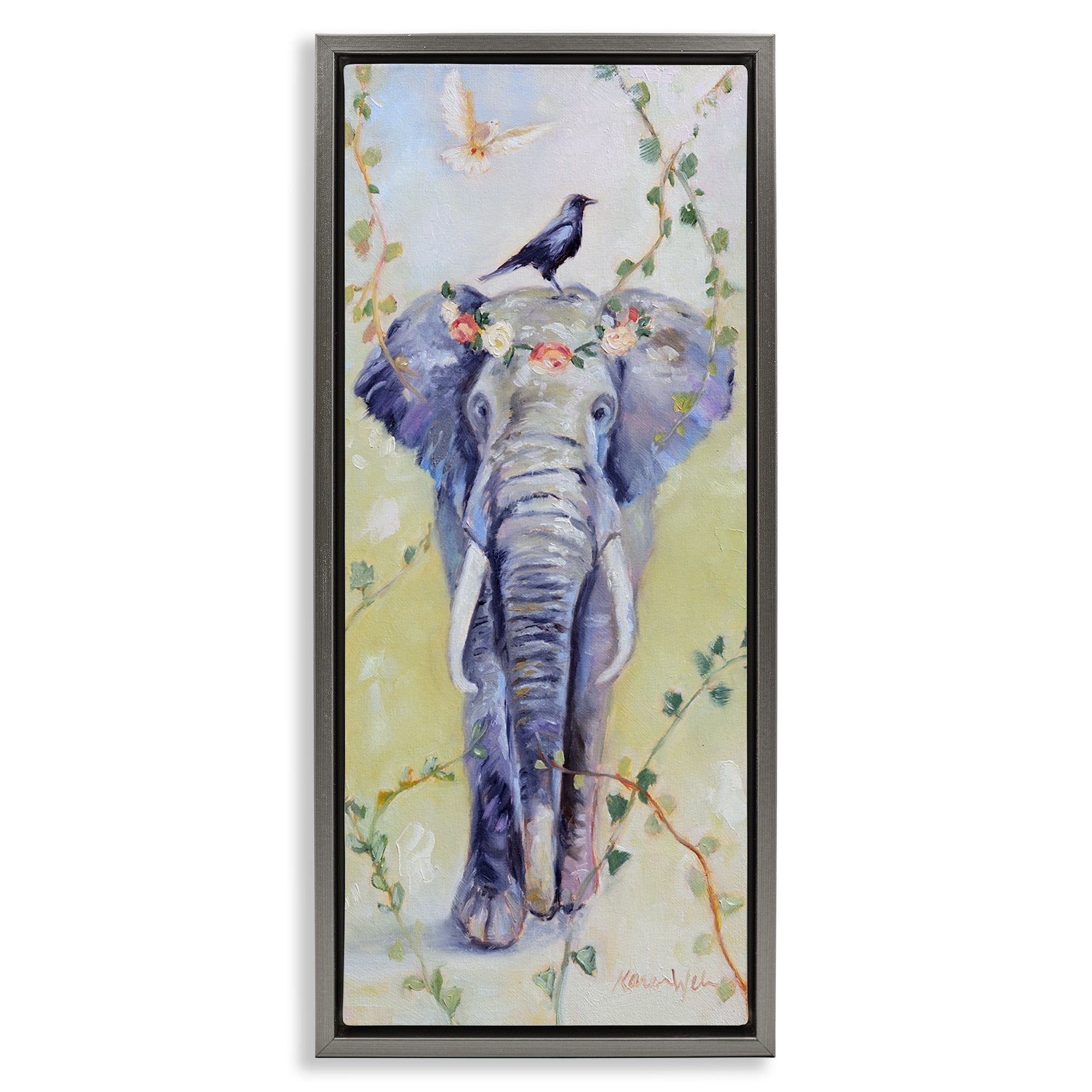 Stupell Industries Bohemian Elephant with Green Vines Animals & Insects Painting Gray Floater Framed Canvas Art Print Wall Art, 11 x 25