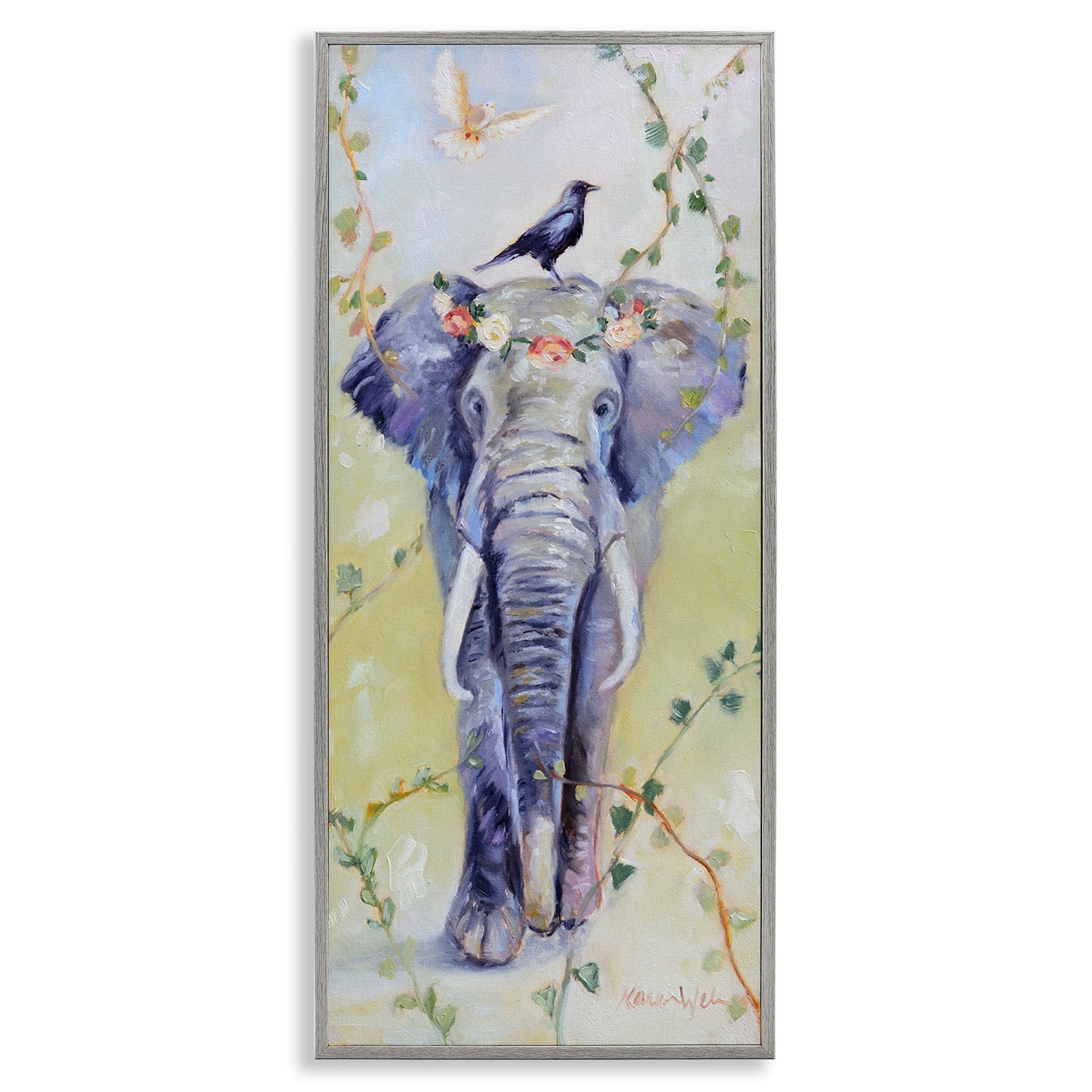 Stupell Industries Bohemian Elephant with Green Vines Animals & Insects Painting Gray Framed Art Print Wall Art, 13 x 30