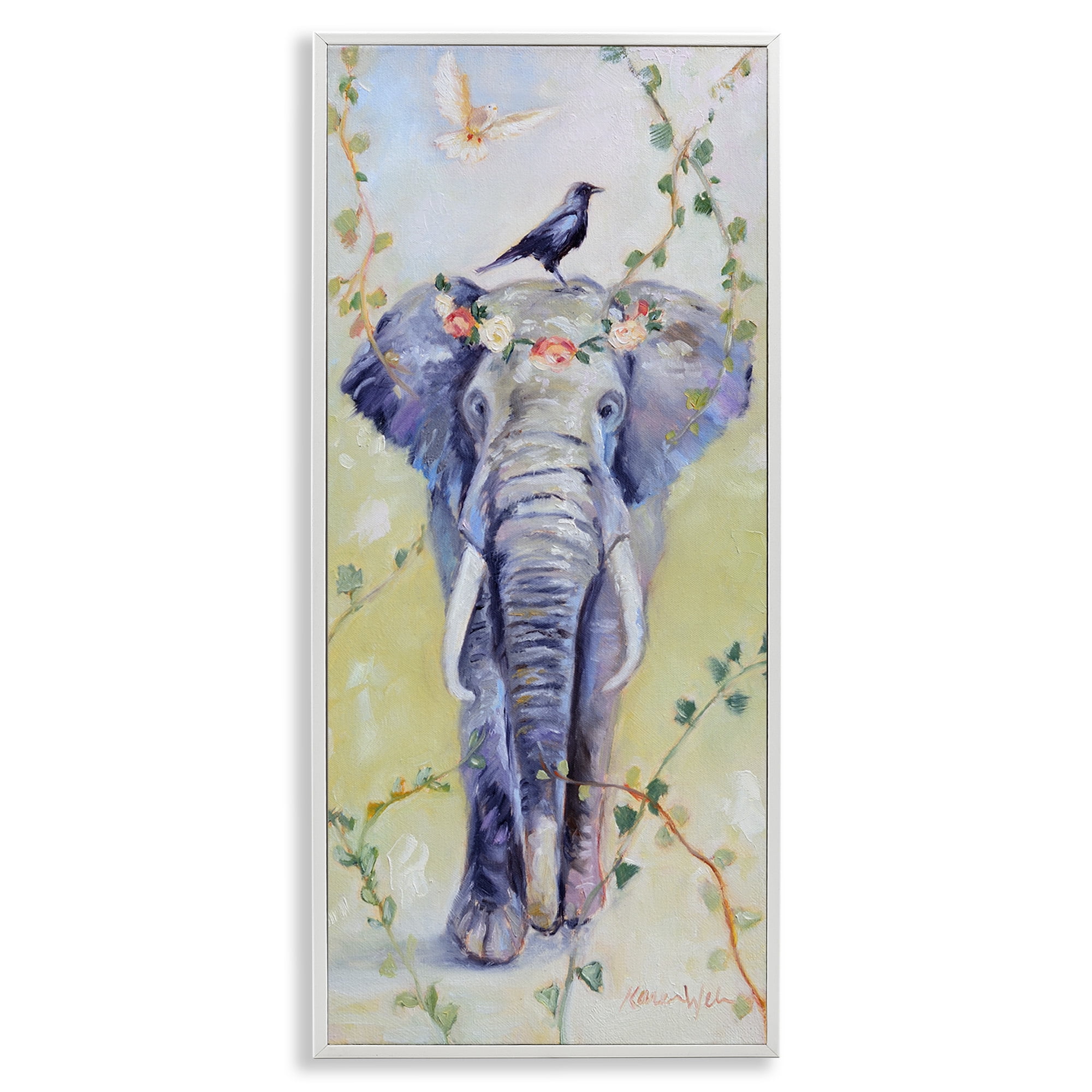 Stupell Industries Bohemian Elephant with Green Vines Animals & Insects Painting White Framed Art Print Wall Art, 13 x 30