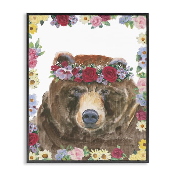 Stupell Industries Bohemian Flower Friends Bear Black Framed Giclee Art, 16 x 20, by Emily Adams