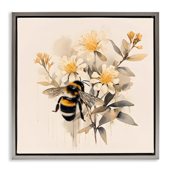 Stupell Industries Bohemian Honeybee with Daisies Gray Floating Frame Canvas Art, 25 x 25, by Petals Prints Design