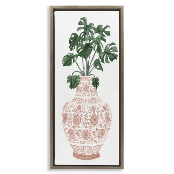 Stupell Industries Bohemian Monstera with Ornate Vase Brown Floating Frame Canvas Art, 14 x 31, by Melissa Wang