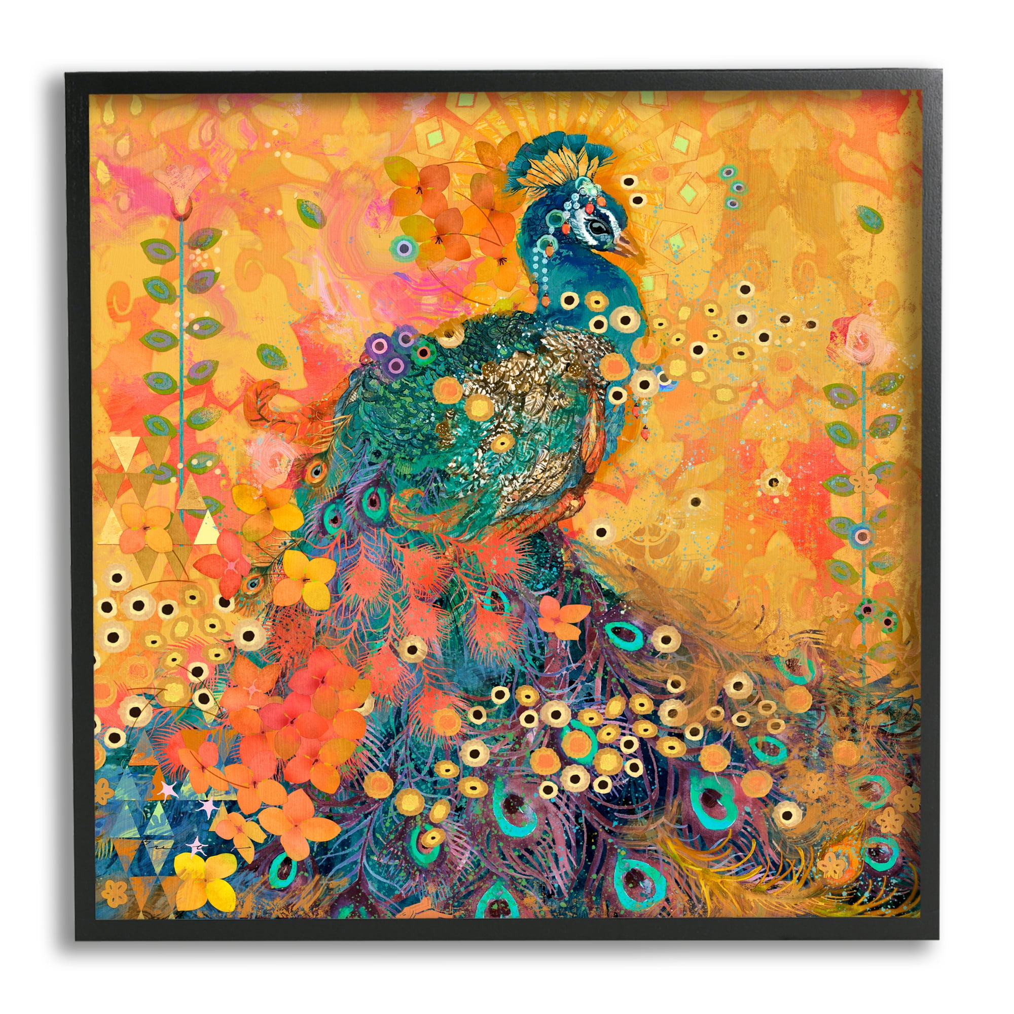 Stupell Industries Bohemian Peacock Pattern Animals & Insects Painting Black Framed Art Print Wall Art, 24 x 24
